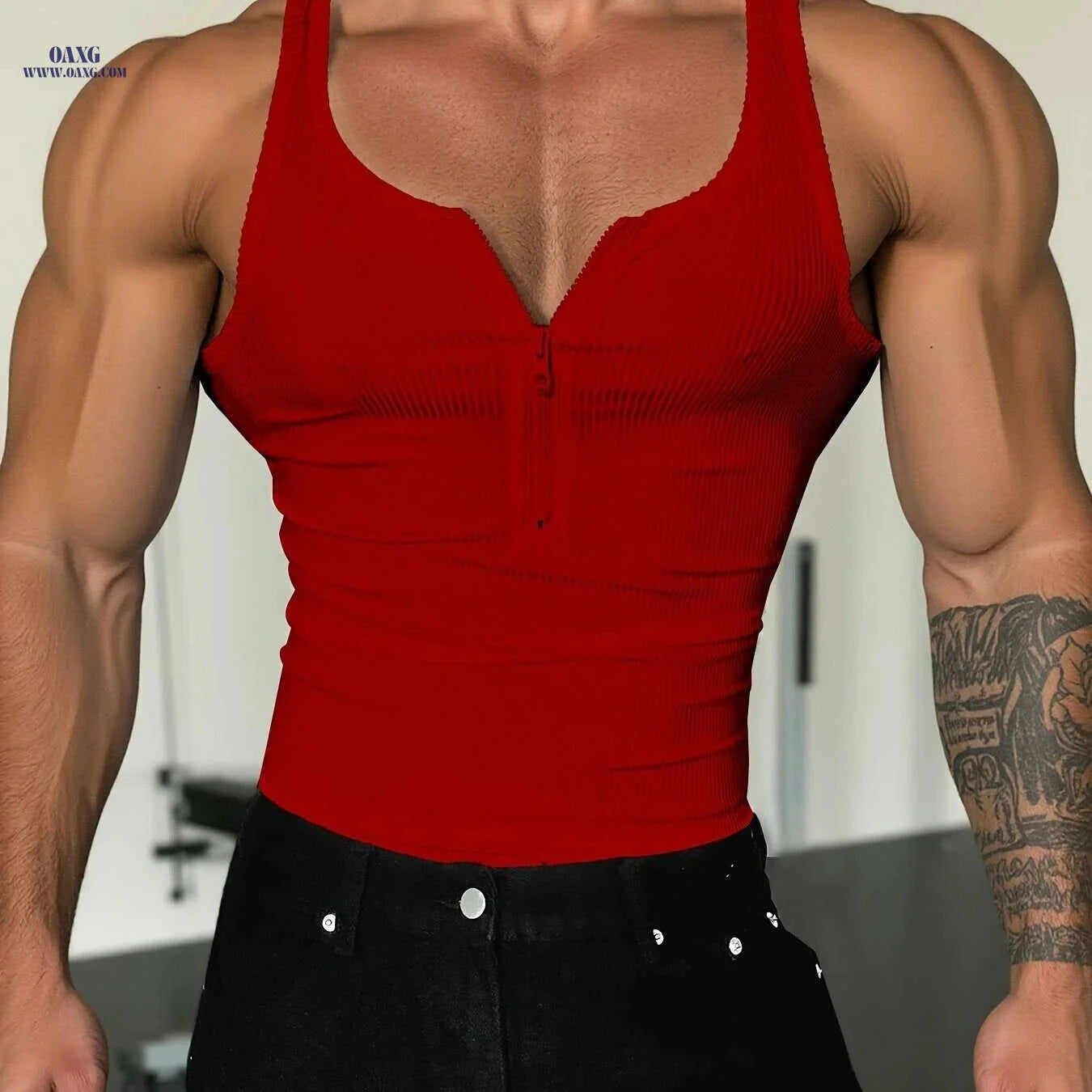 Men's High-Stretch Zippered Muscle Tank - Breathable Workout Shirt   OAXG 
