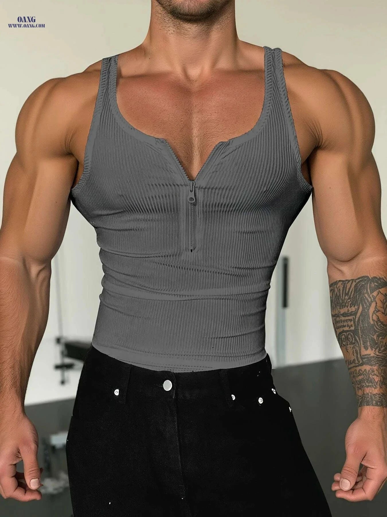 Men's High-Stretch Zippered Muscle Tank - Breathable Workout Shirt   OAXG White / S