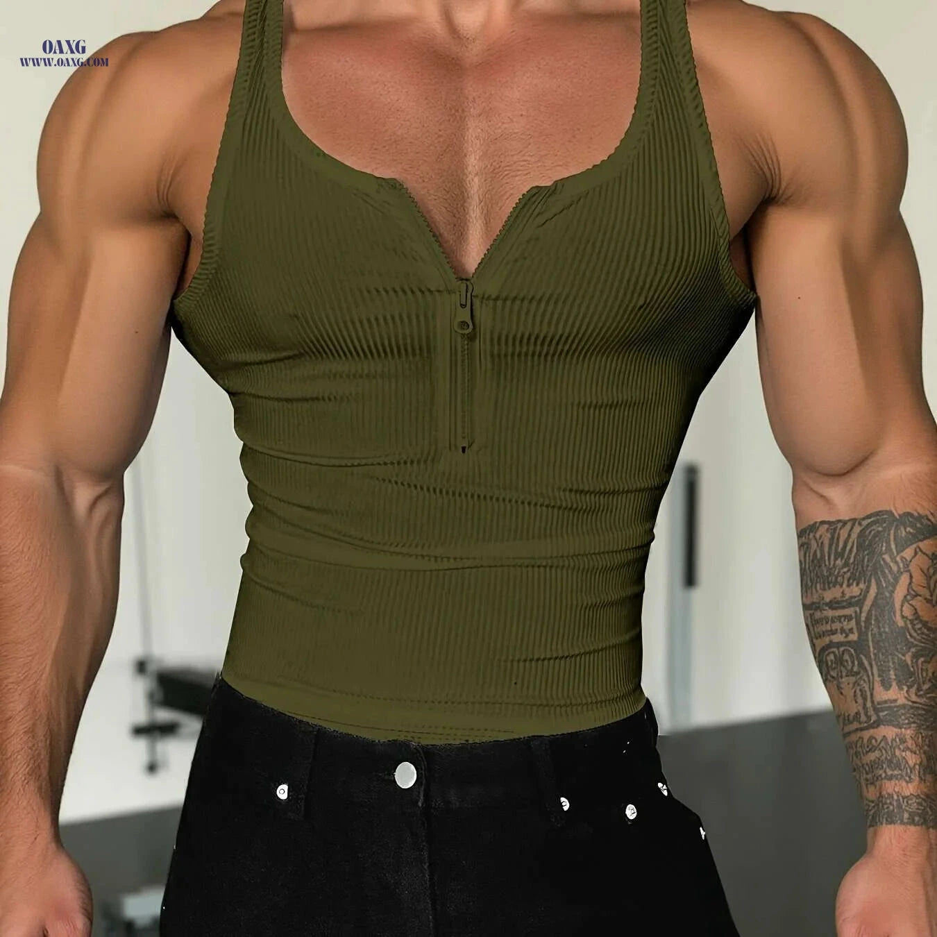 Men's High-Stretch Zippered Muscle Tank - Breathable Workout Shirt   OAXG White / S