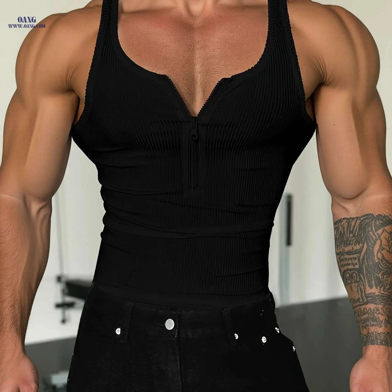 Men's High-Stretch Zippered Muscle Tank - Breathable Workout Shirt   OAXG White / S