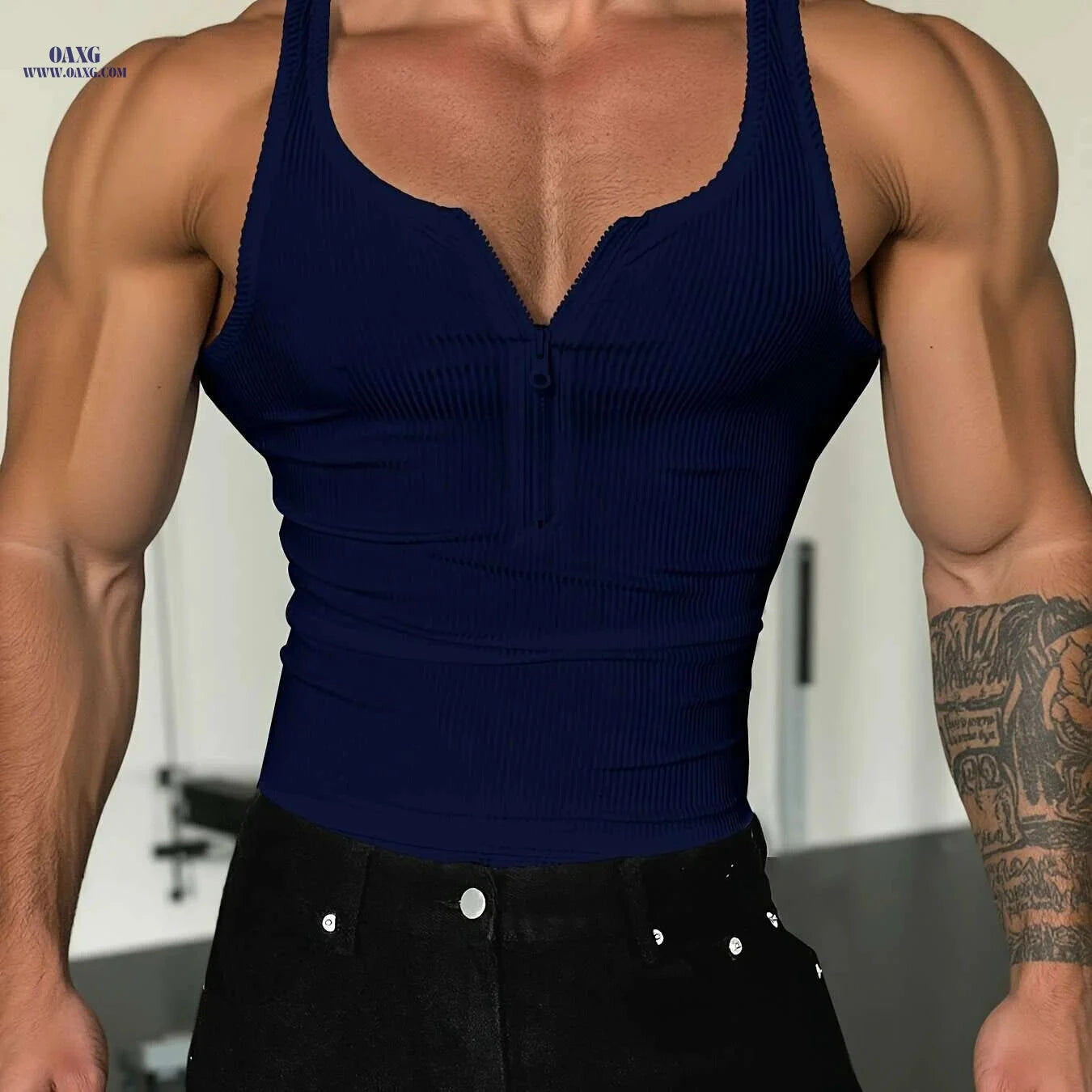 Men's High-Stretch Zippered Muscle Tank - Breathable Workout Shirt   OAXG White / S
