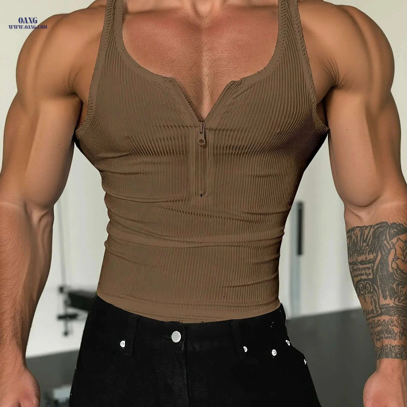 Men's High-Stretch Zippered Muscle Tank - Breathable Workout Shirt   OAXG White / S