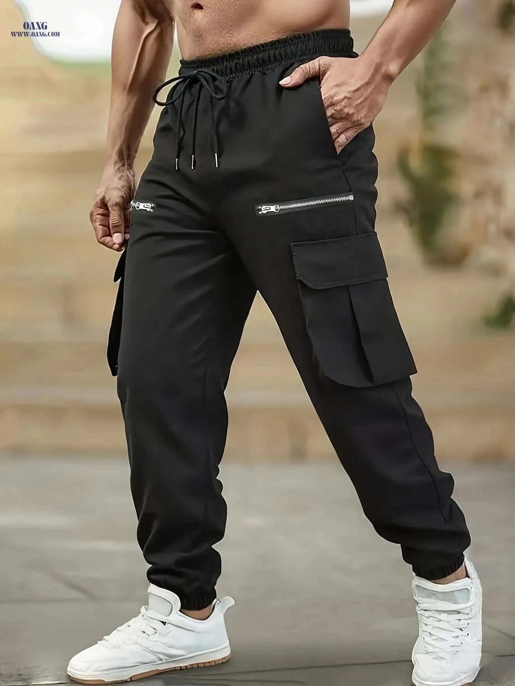 Men's High-Waisted Cargo Ankle Pants - Elastic Drawstring & Utility Pockets   OAXG Black / S