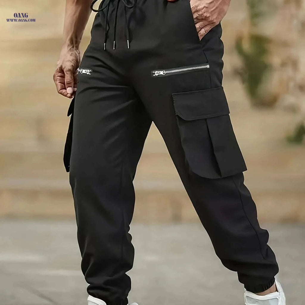 Men's High-Waisted Cargo Ankle Pants - Elastic Drawstring & Utility Pockets   OAXG Black / S