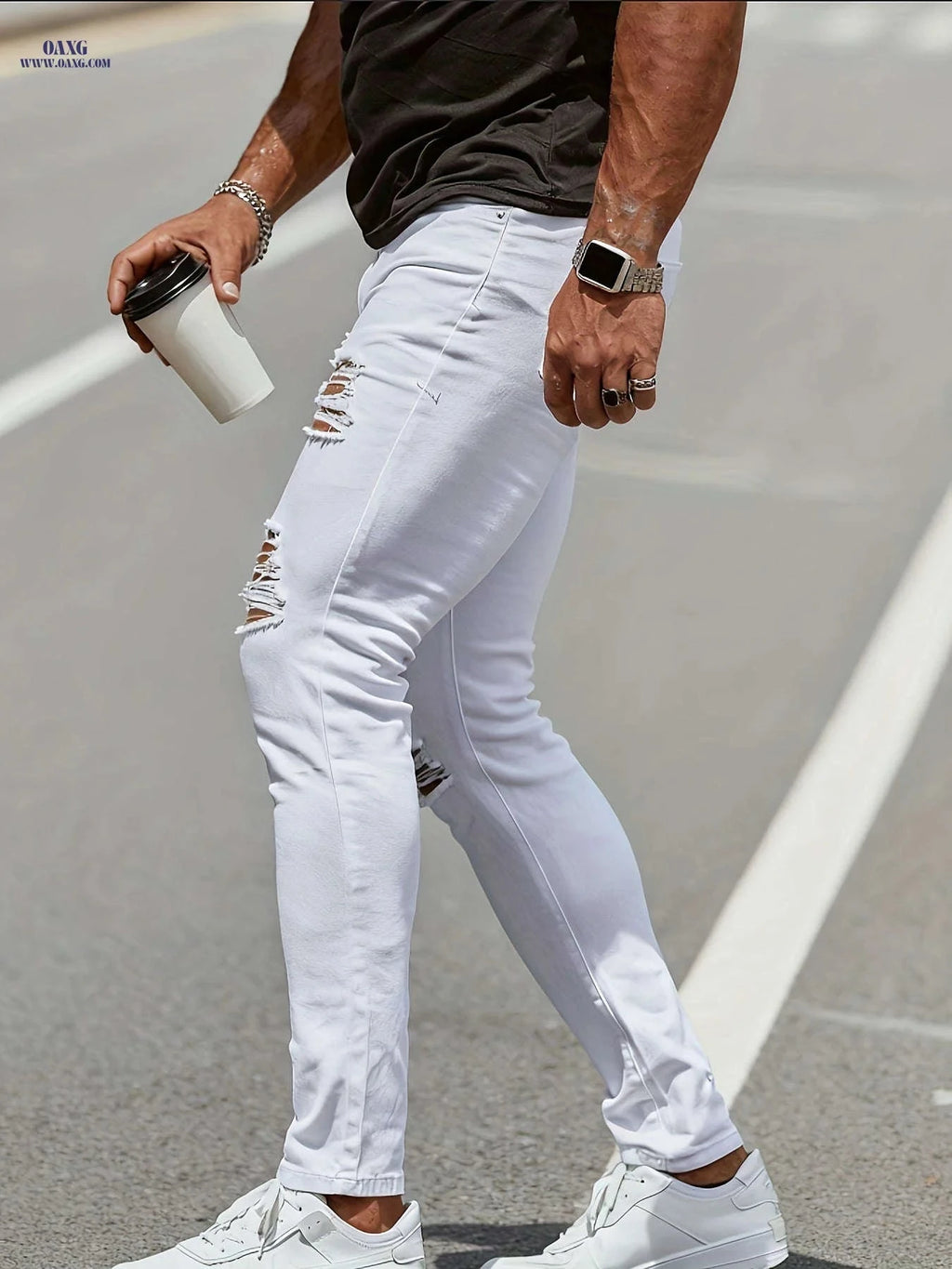 Men's High-Waisted White Skinny Jeans - Distressed Knee, Slim Fit   OAXG 