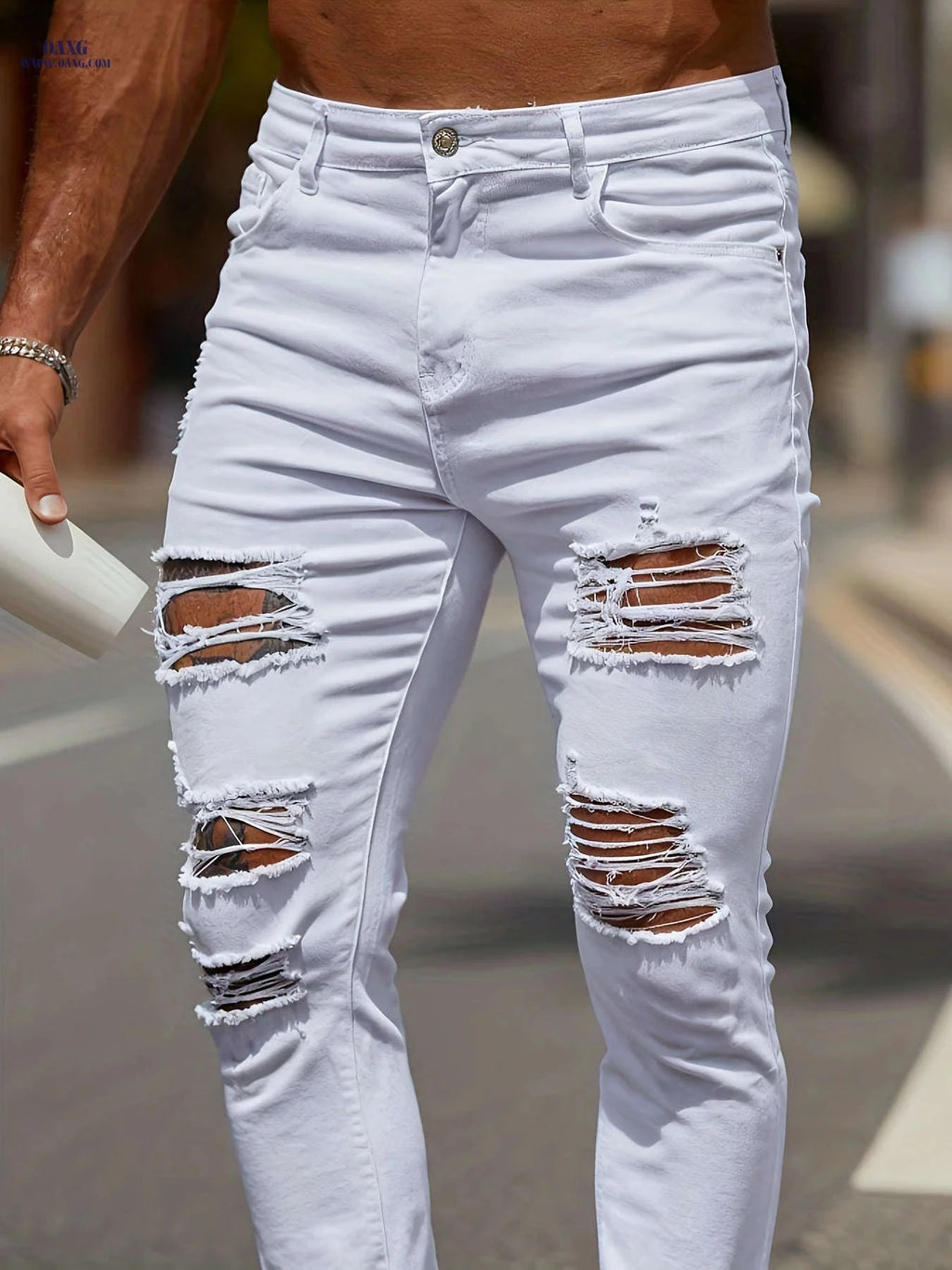 Men's High-Waisted White Skinny Jeans - Distressed Knee, Slim Fit   OAXG 
