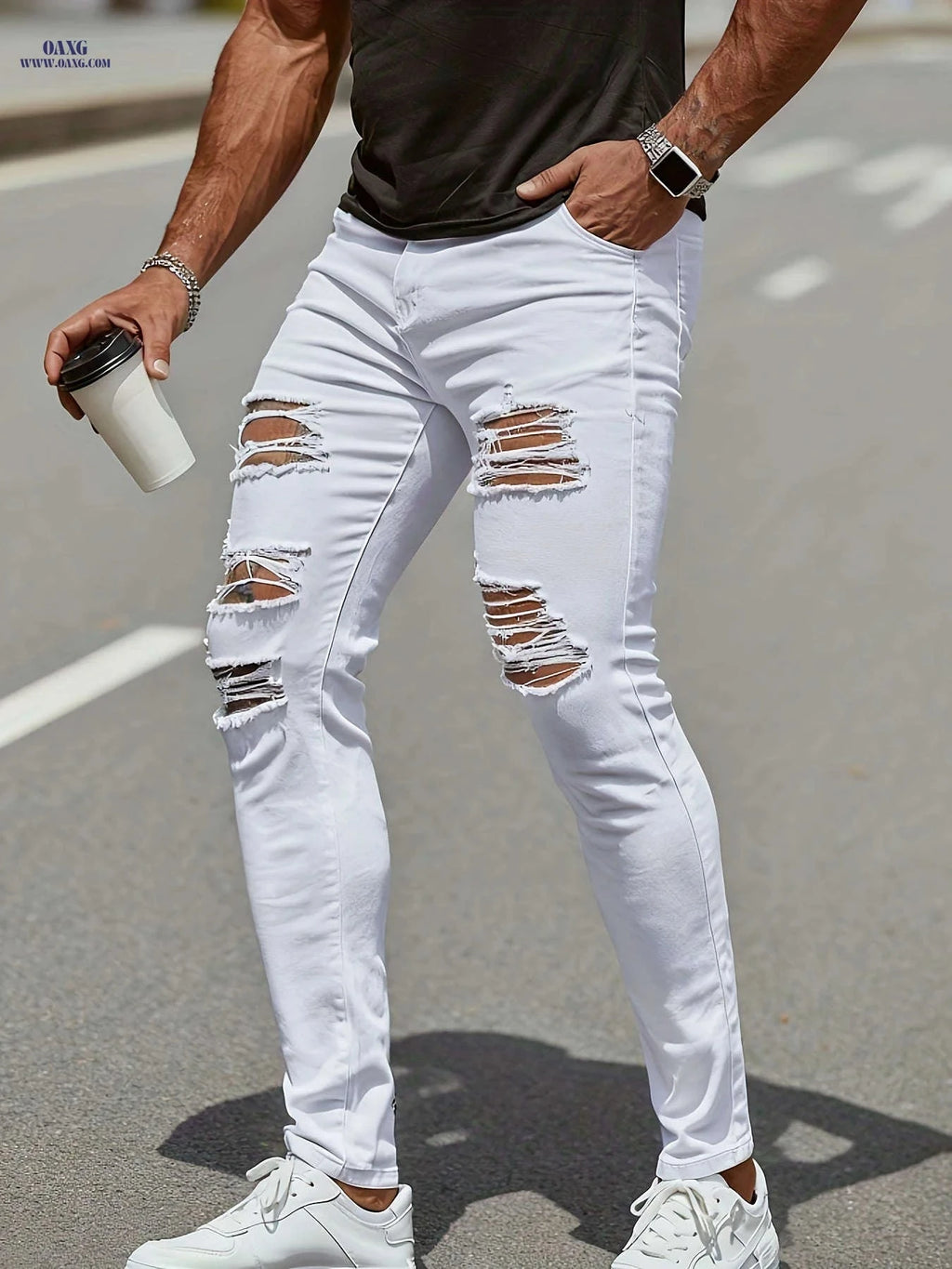 Men's High-Waisted White Skinny Jeans - Distressed Knee, Slim Fit   OAXG 