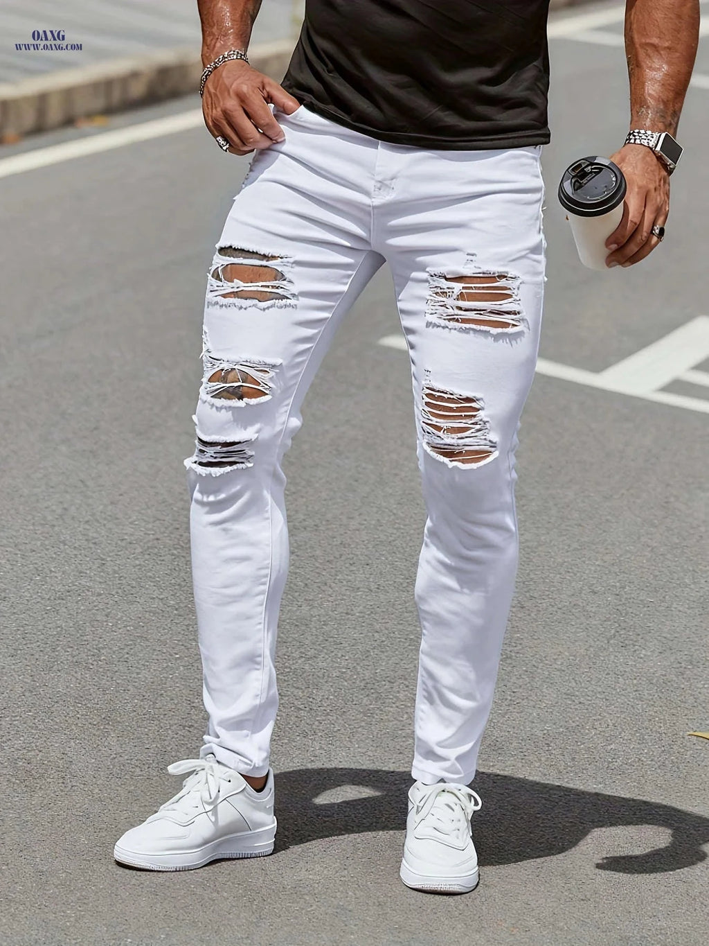 Men's High-Waisted White Skinny Jeans - Distressed Knee, Slim Fit   OAXG White / FR S