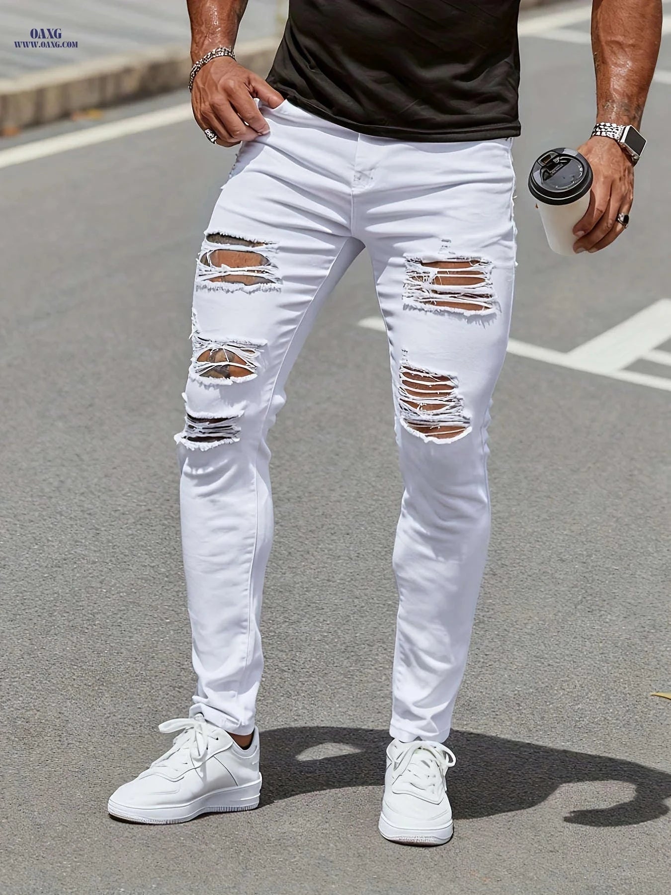 Men's High-Waisted White Skinny Jeans - Distressed Knee, Slim Fit   OAXG White / FR S