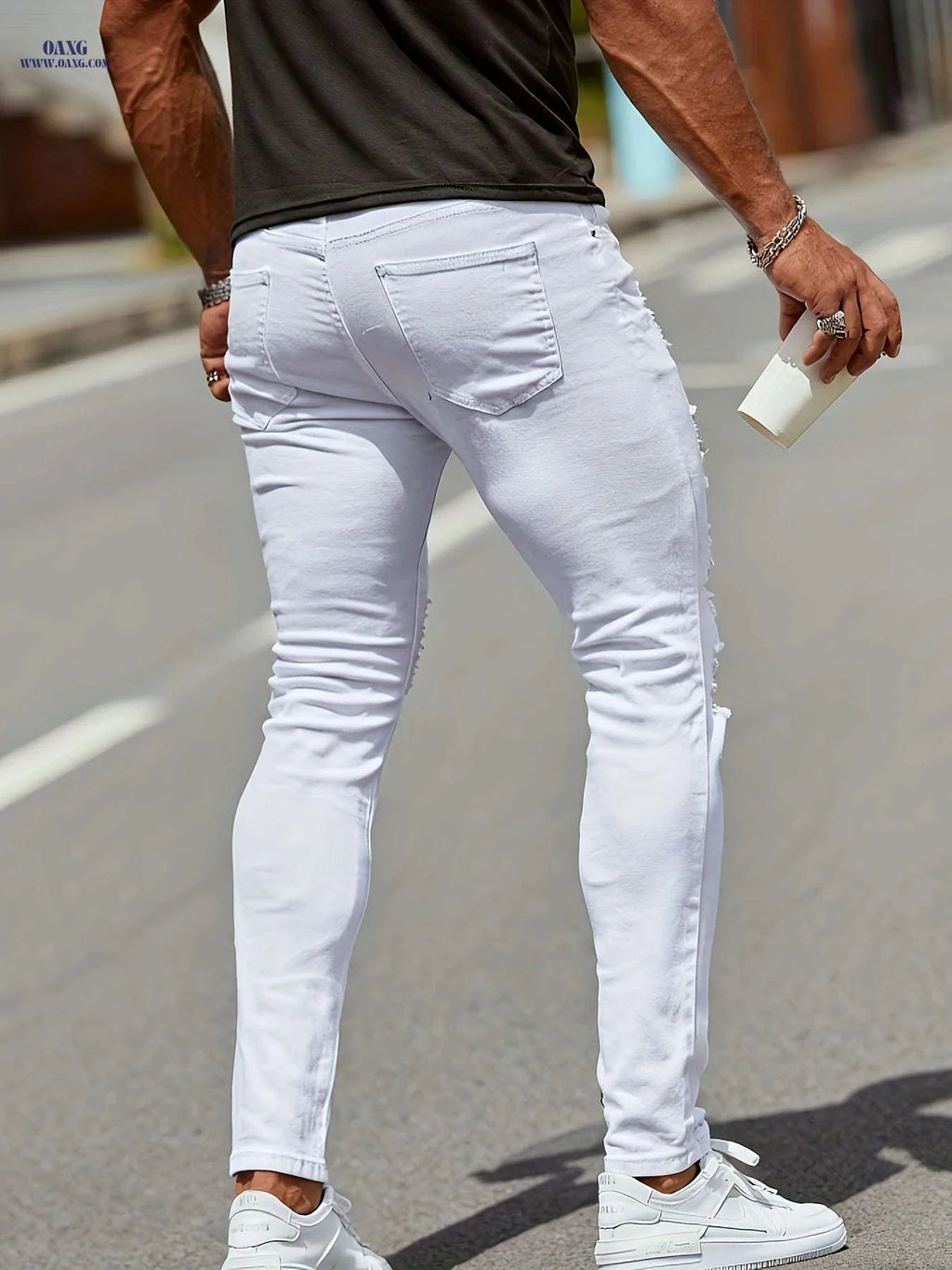 Men's High-Waisted White Skinny Jeans - Distressed Knee, Slim Fit   OAXG White / FR S