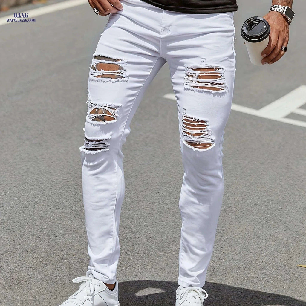 Men's High-Waisted White Skinny Jeans - Distressed Knee, Slim Fit   OAXG White / FR S