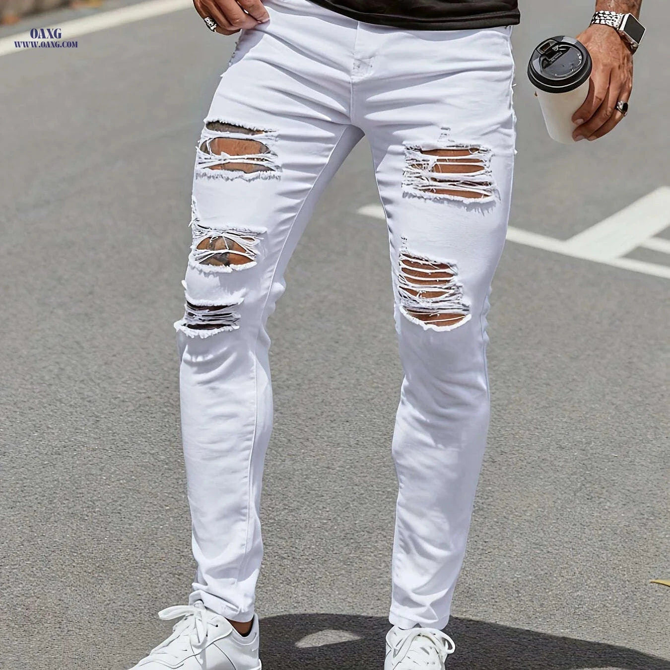 Men's High-Waisted White Skinny Jeans - Distressed Knee, Slim Fit   OAXG White / FR S