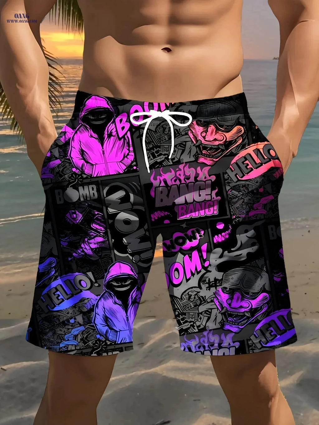 Men's Hip-Hop Print Beach Shorts - Lightweight Drawstring Design   OAXG 