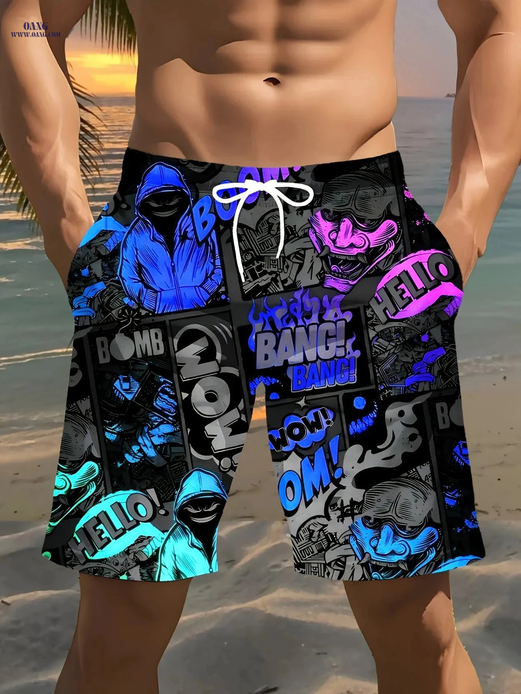 Men's Hip-Hop Print Beach Shorts - Lightweight Drawstring Design   OAXG 