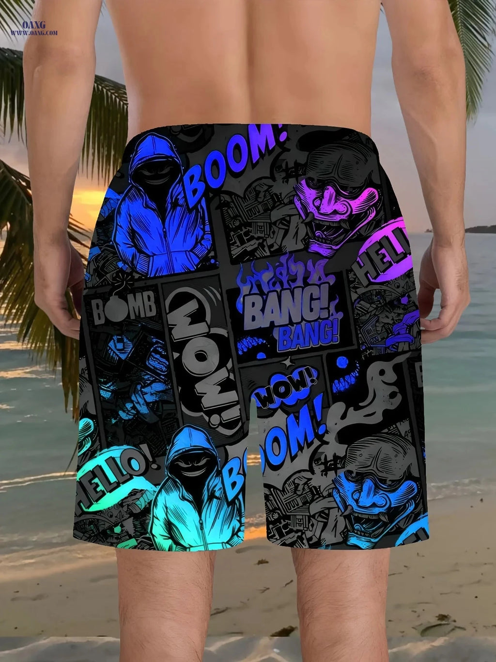 Men's Hip-Hop Print Beach Shorts - Lightweight Drawstring Design   OAXG Blue / FR S
