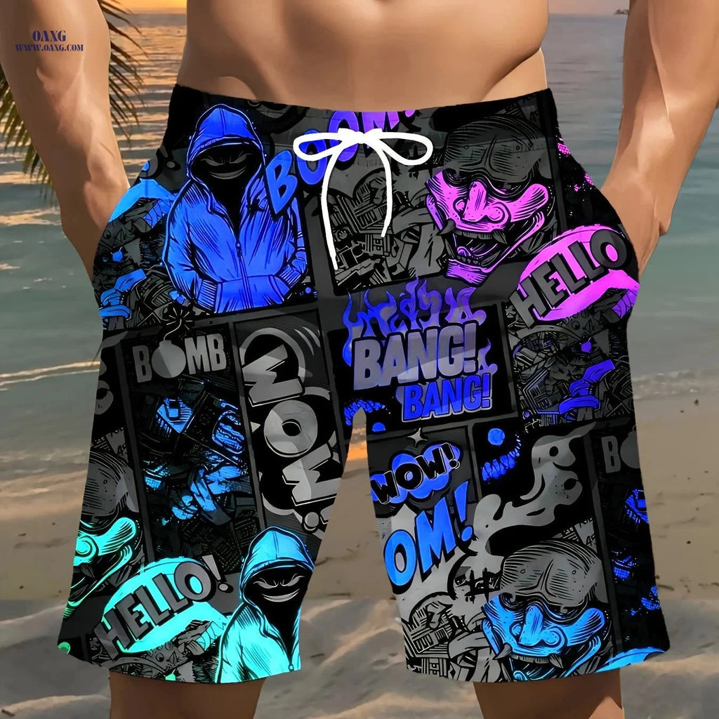 Men's Hip-Hop Print Beach Shorts - Lightweight Drawstring Design   OAXG Blue / FR S