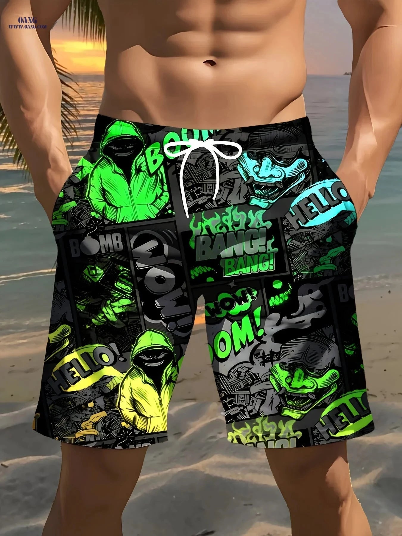 Men's Hip-Hop Print Beach Shorts - Lightweight Drawstring Design   OAXG Blue / FR S