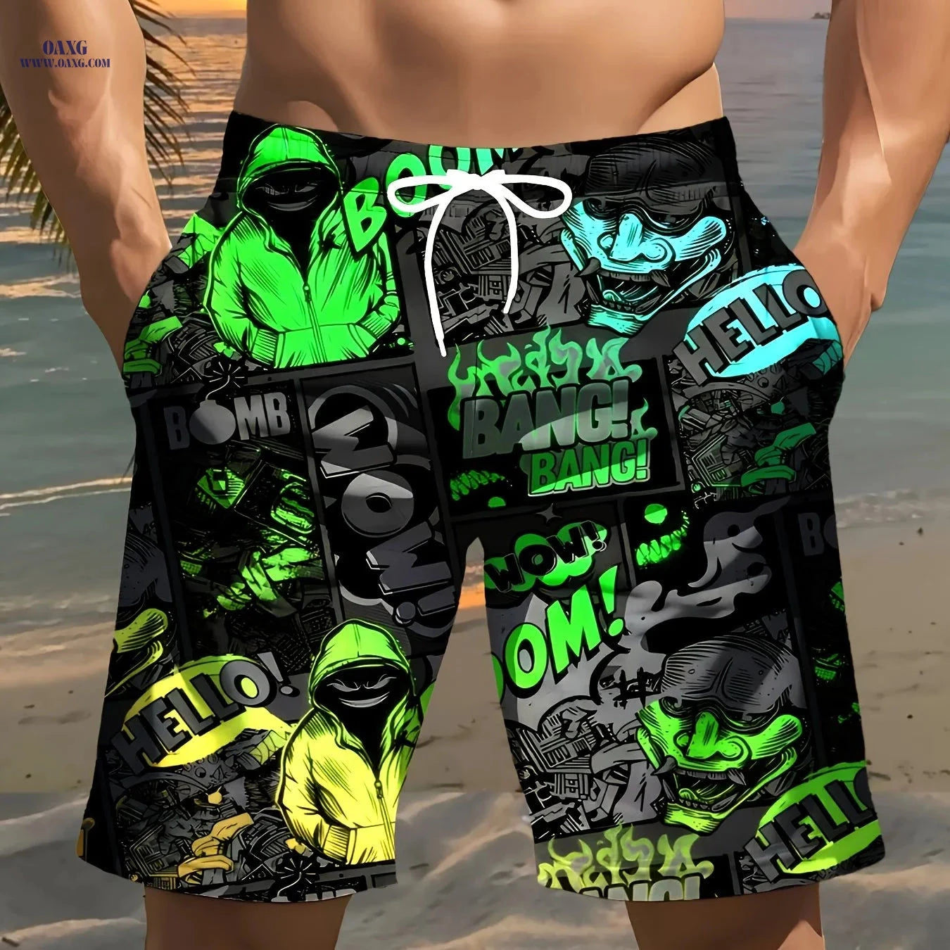Men's Hip-Hop Print Beach Shorts - Lightweight Drawstring Design   OAXG 