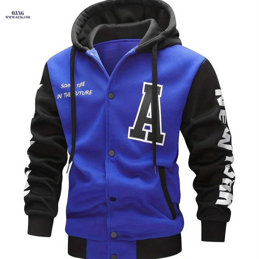 Men's Hooded Baseball Jacket - Casual Letter Print, 100% Polyester   OAXG 