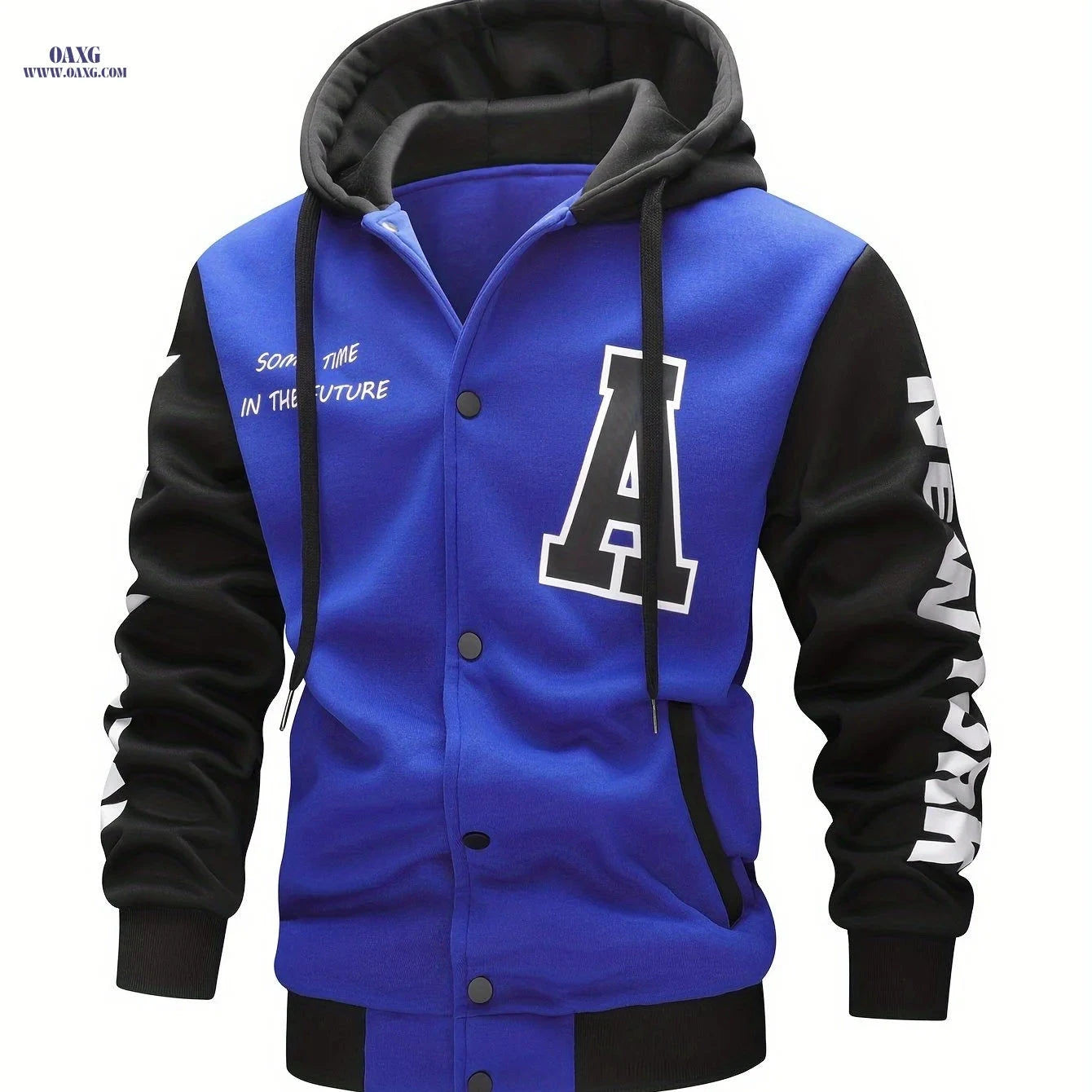 Men's Hooded Baseball Jacket - Casual Letter Print, 100% Polyester   OAXG 