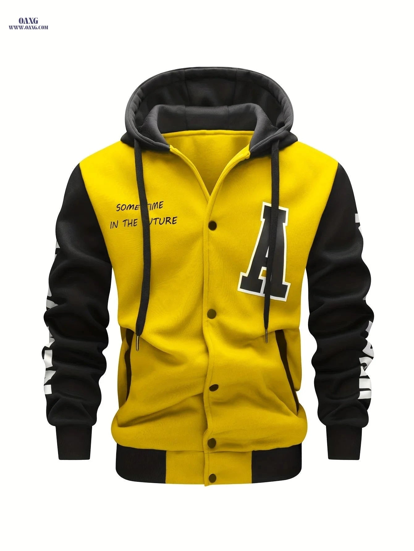 Men's Hooded Baseball Jacket - Casual Letter Print, 100% Polyester   OAXG 