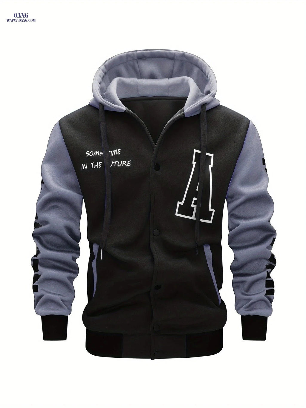Men's Hooded Baseball Jacket - Casual Letter Print, 100% Polyester   OAXG 