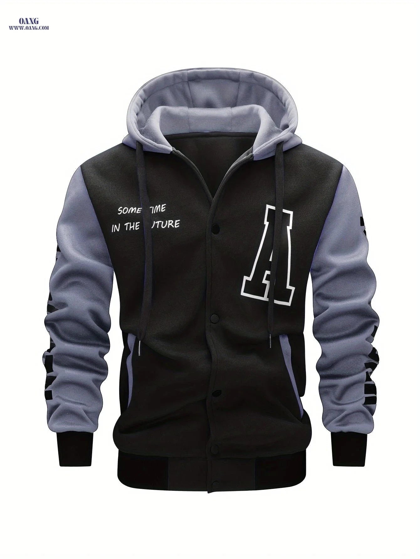 Men's Hooded Baseball Jacket - Casual Letter Print, 100% Polyester   OAXG 