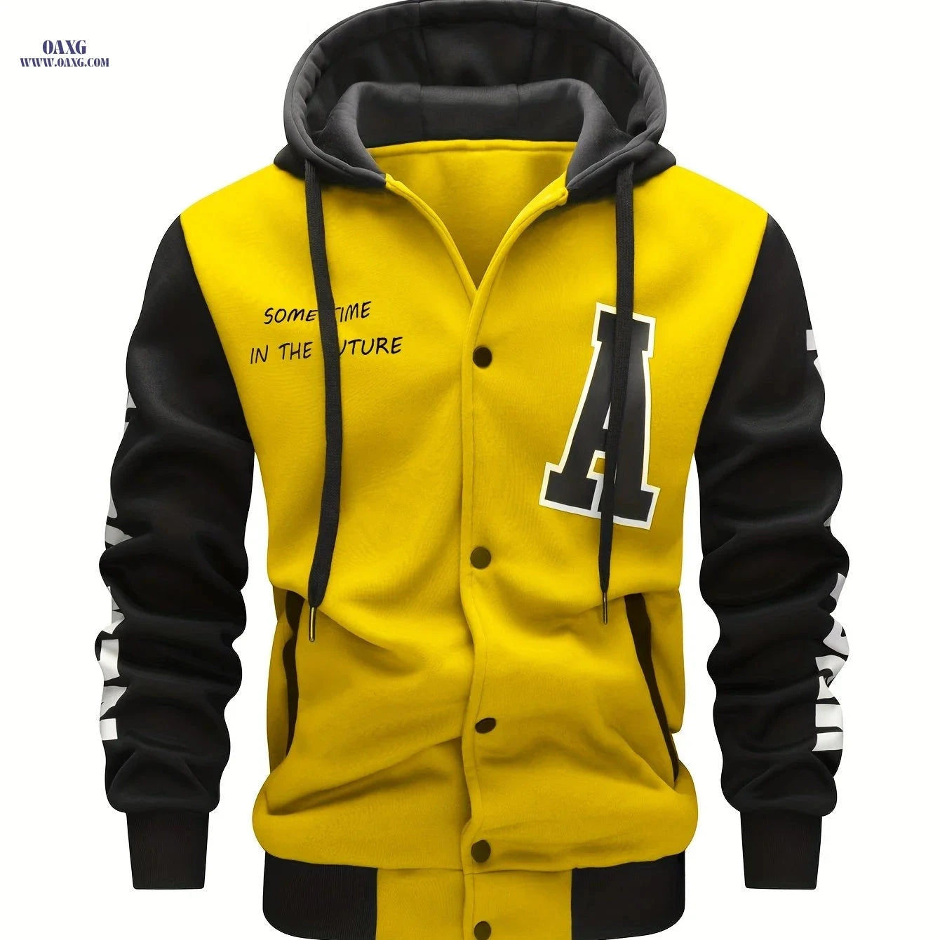Men's Hooded Baseball Jacket - Casual Letter Print, 100% Polyester   OAXG 