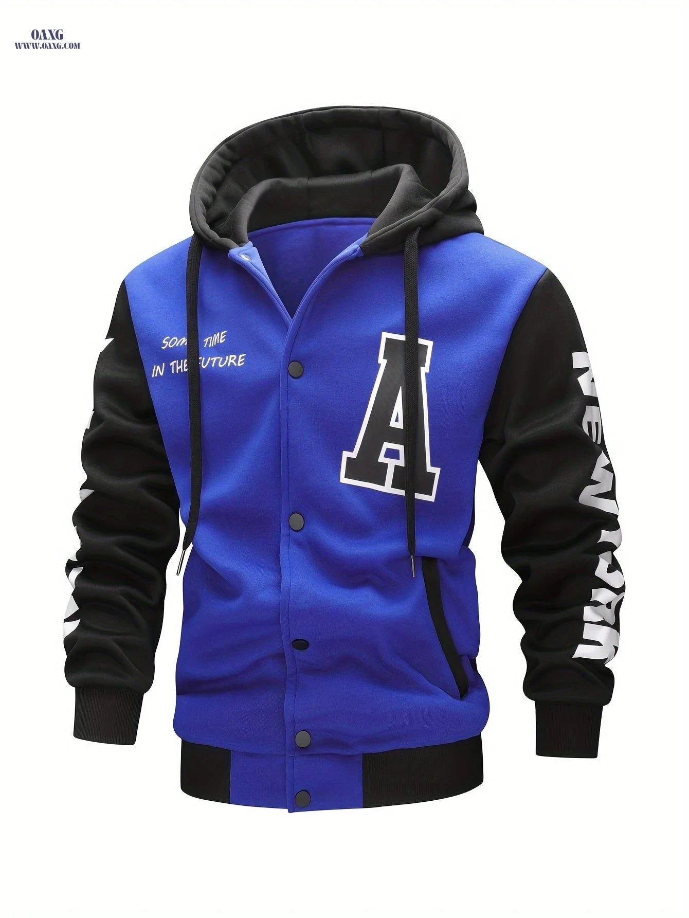 Men's Hooded Baseball Jacket - Casual Letter Print, 100% Polyester   OAXG 