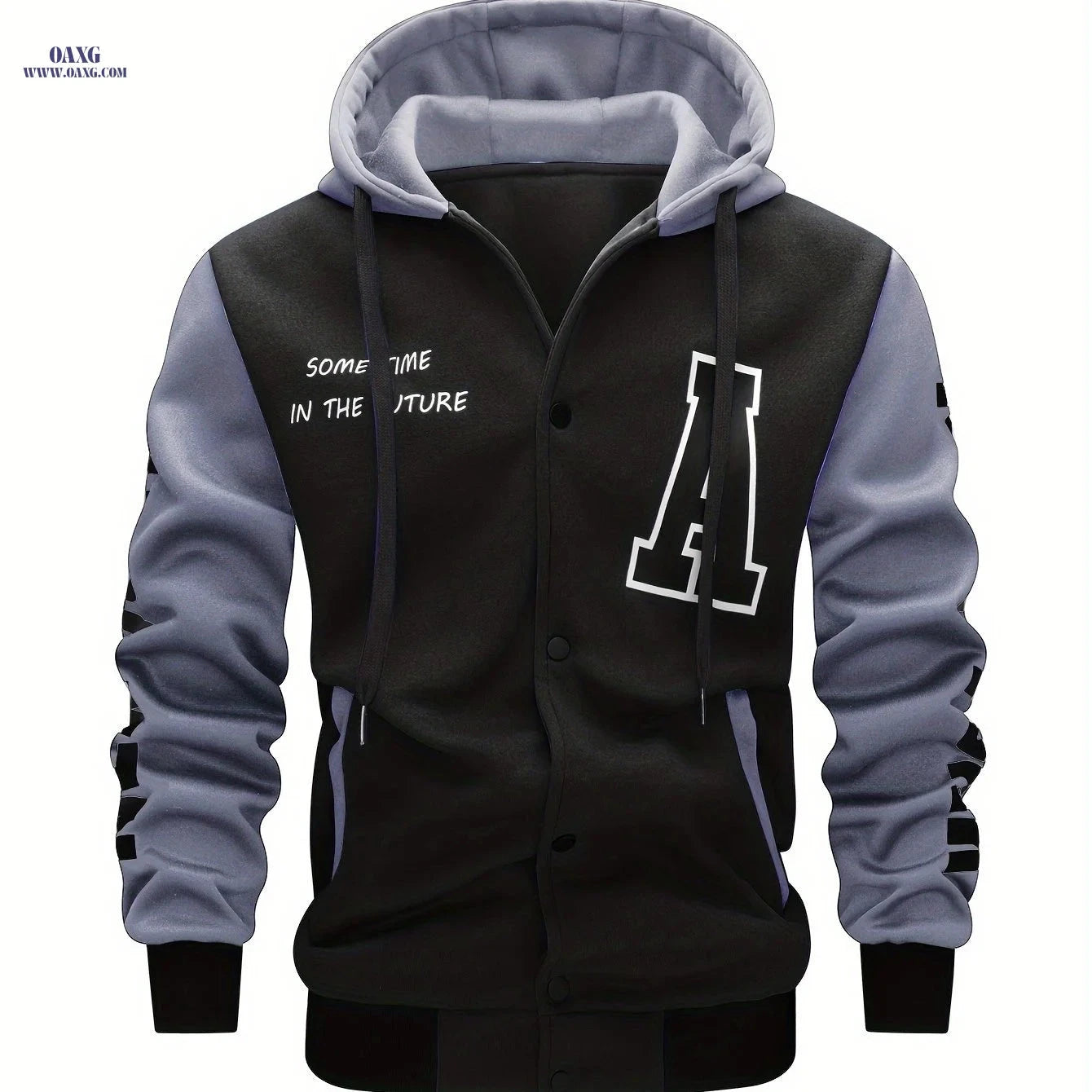 Men's Hooded Baseball Jacket - Casual Letter Print, 100% Polyester   OAXG 