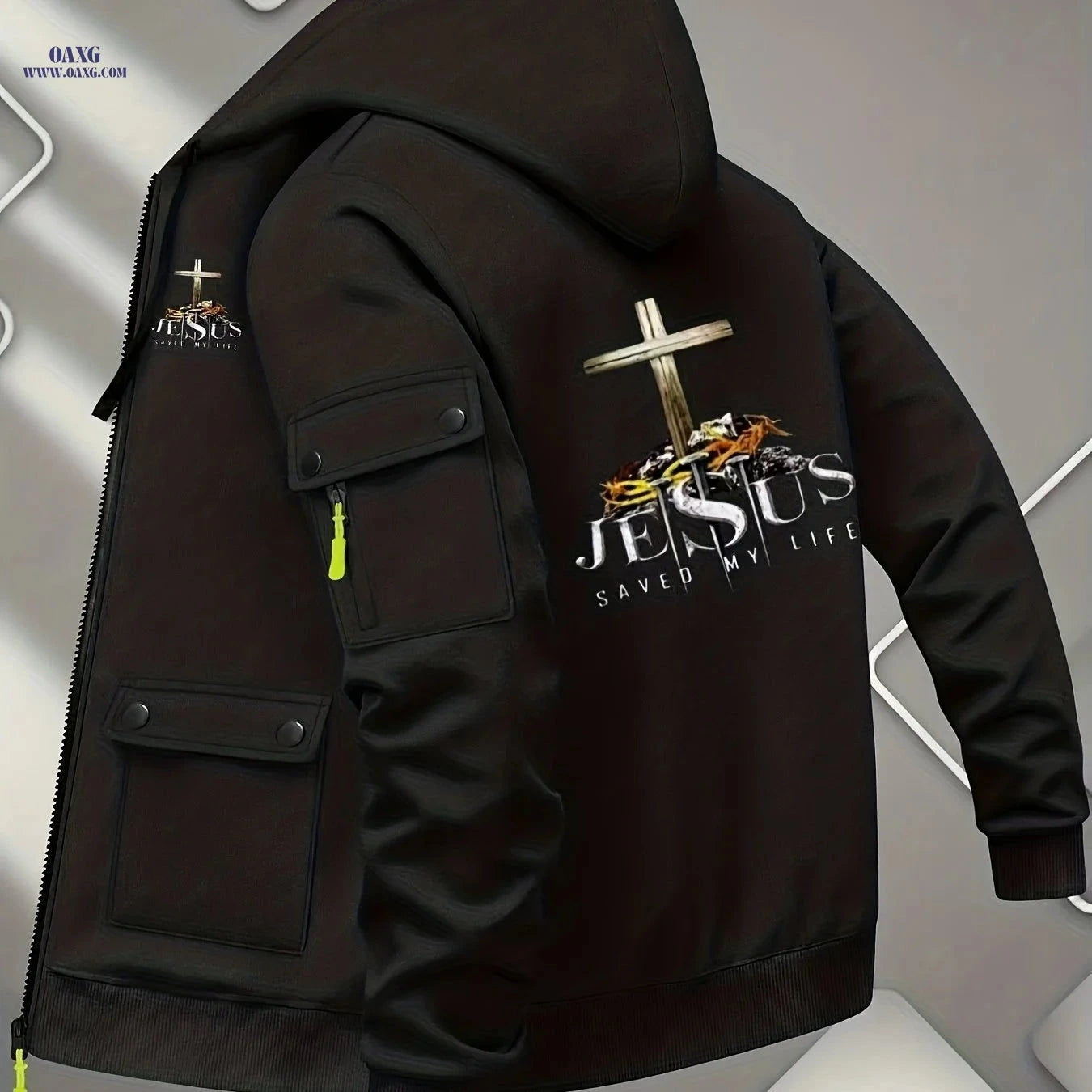 Men's Hooded Cardigan Jacket - Sporty Printed Sweatshirt Outerwear   OAXG Khaki / FR S