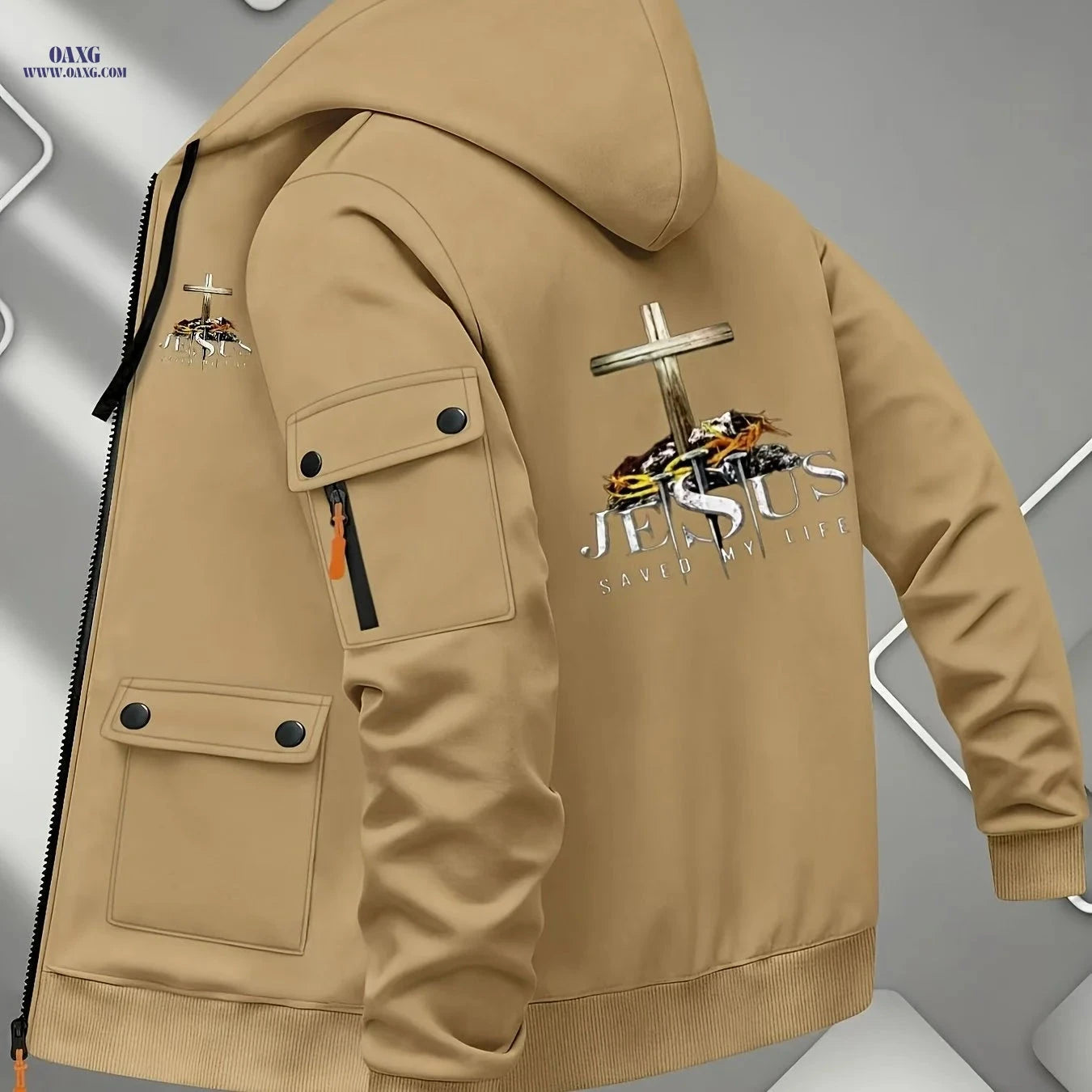 Men's Hooded Cardigan Jacket - Sporty Printed Sweatshirt Outerwear   OAXG Khaki / FR S