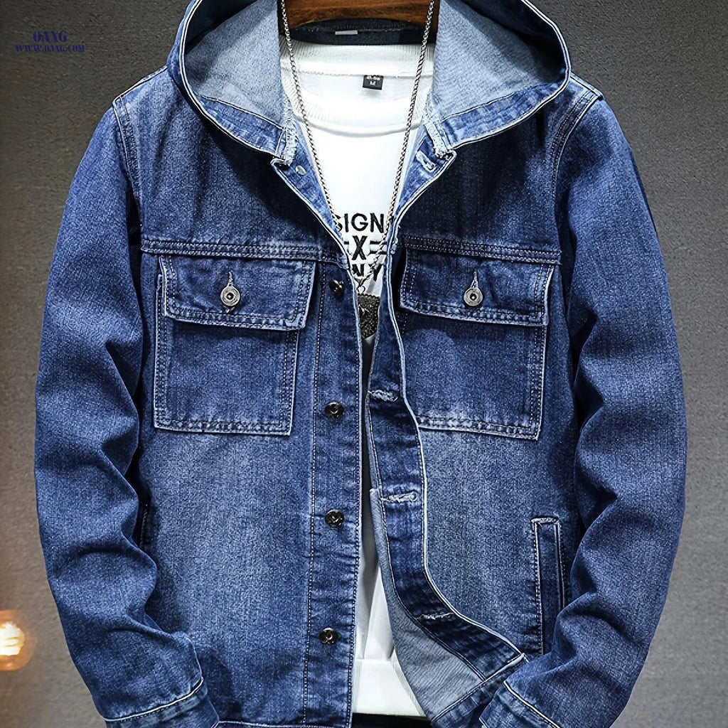 Men's Hooded Denim Jacket - Casual Fit for Autumn Style   OAXG Dark Blue / FR S
