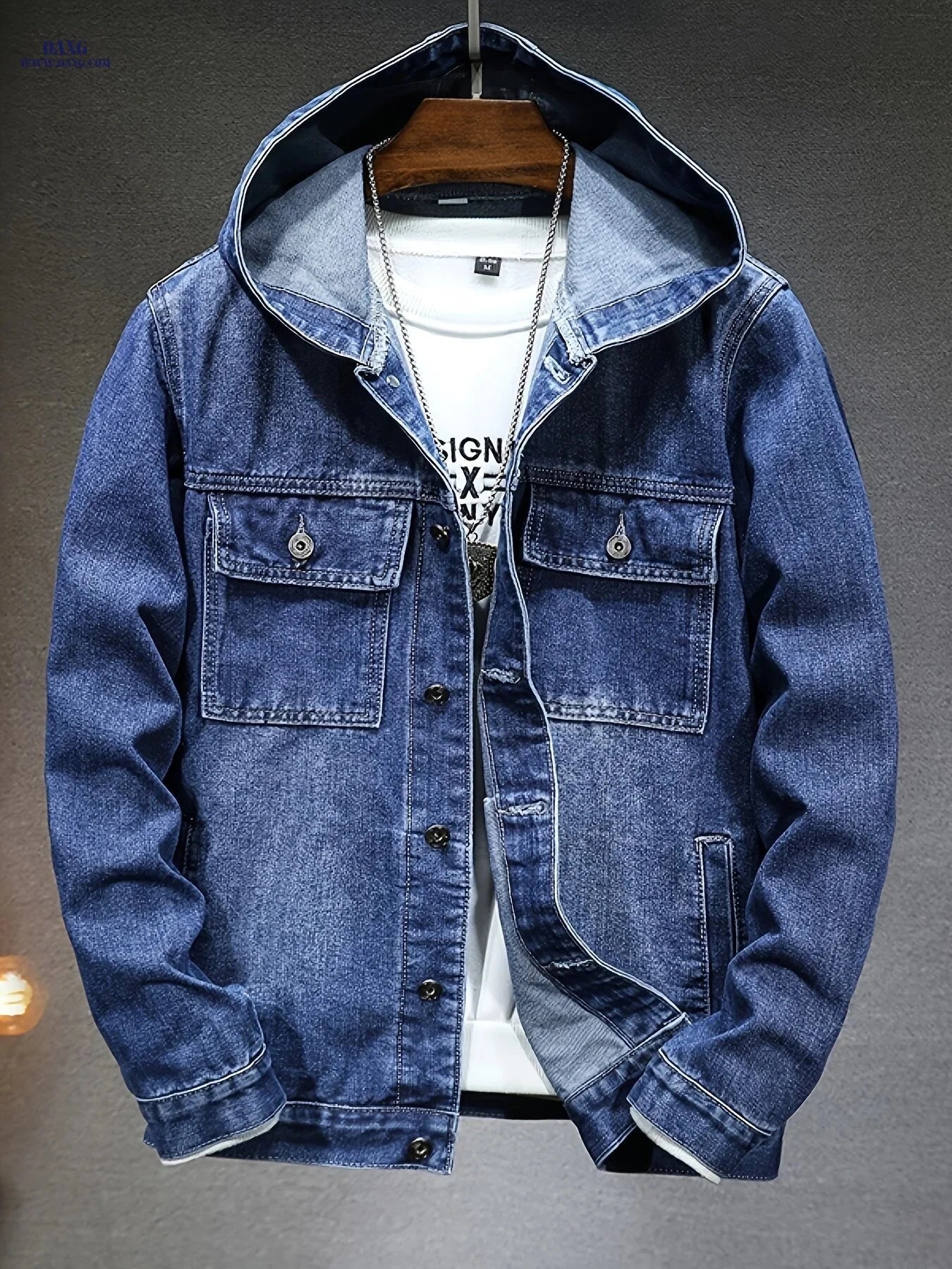 Men's Hooded Denim Jacket - Casual Fit for Autumn Style   OAXG Dark Blue / FR S