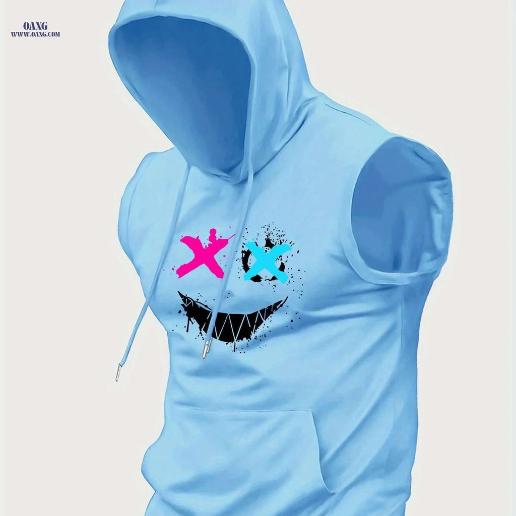 Men's Hooded Graphic Print Tank Top - Casual Sleeveless Summer Style   OAXG Light Blue / S