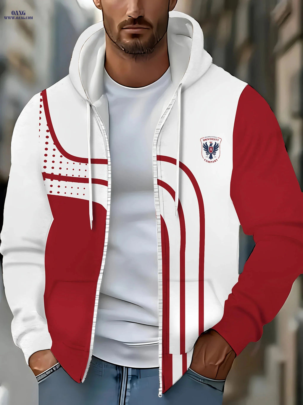 Men's Hooded Polka Dot Sweatshirt - Zip-Up Casual Jacket for Fall   OAXG 