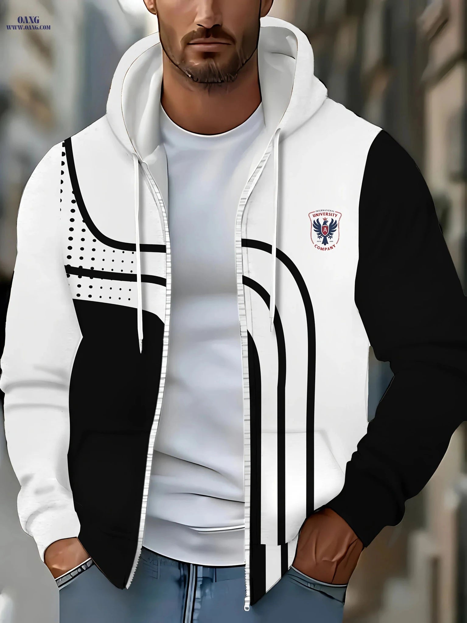 Men's Hooded Polka Dot Sweatshirt - Zip-Up Casual Jacket for Fall   OAXG White / FR M