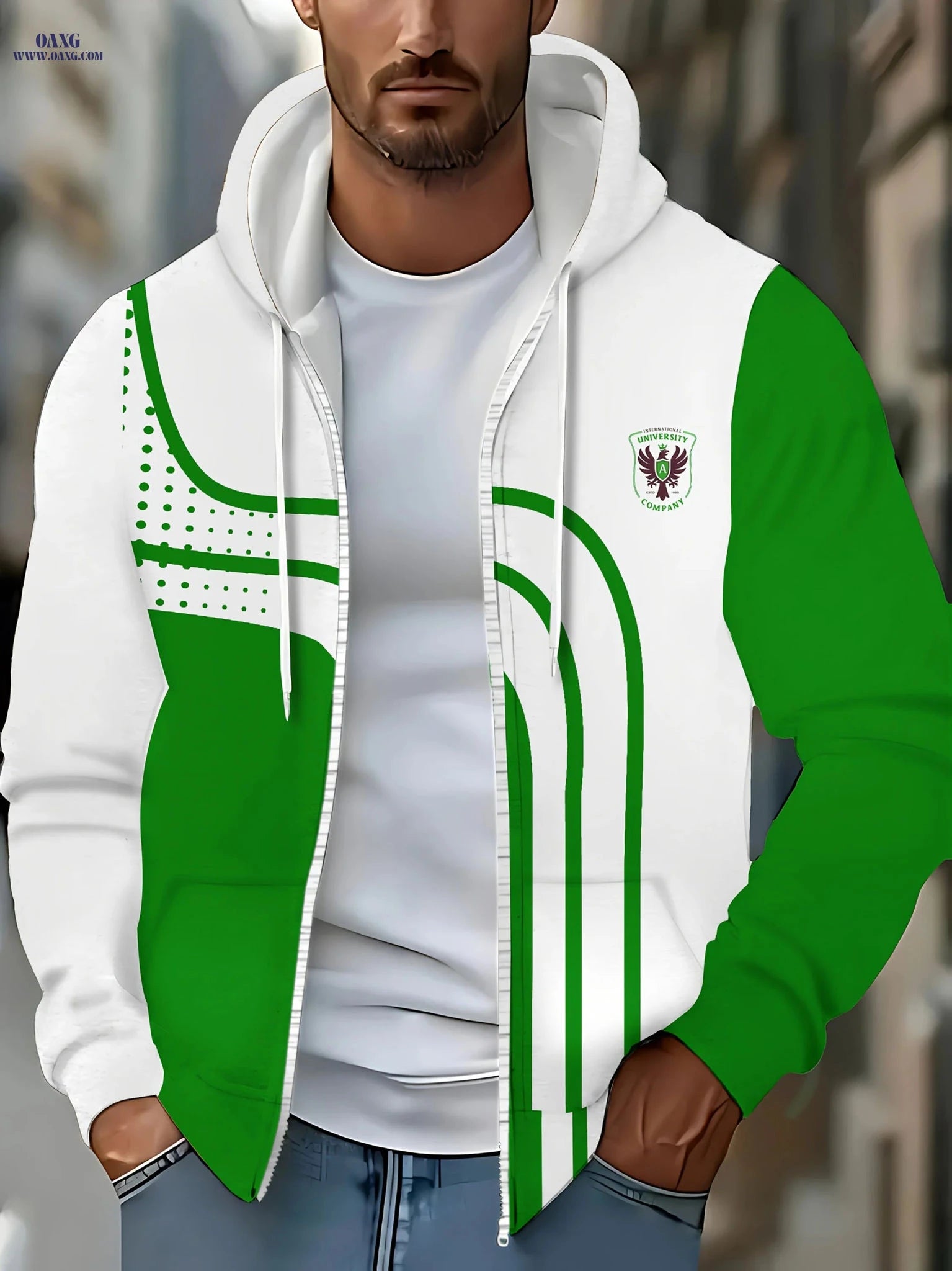 Men's Hooded Polka Dot Sweatshirt - Zip-Up Casual Jacket for Fall   OAXG White / FR M