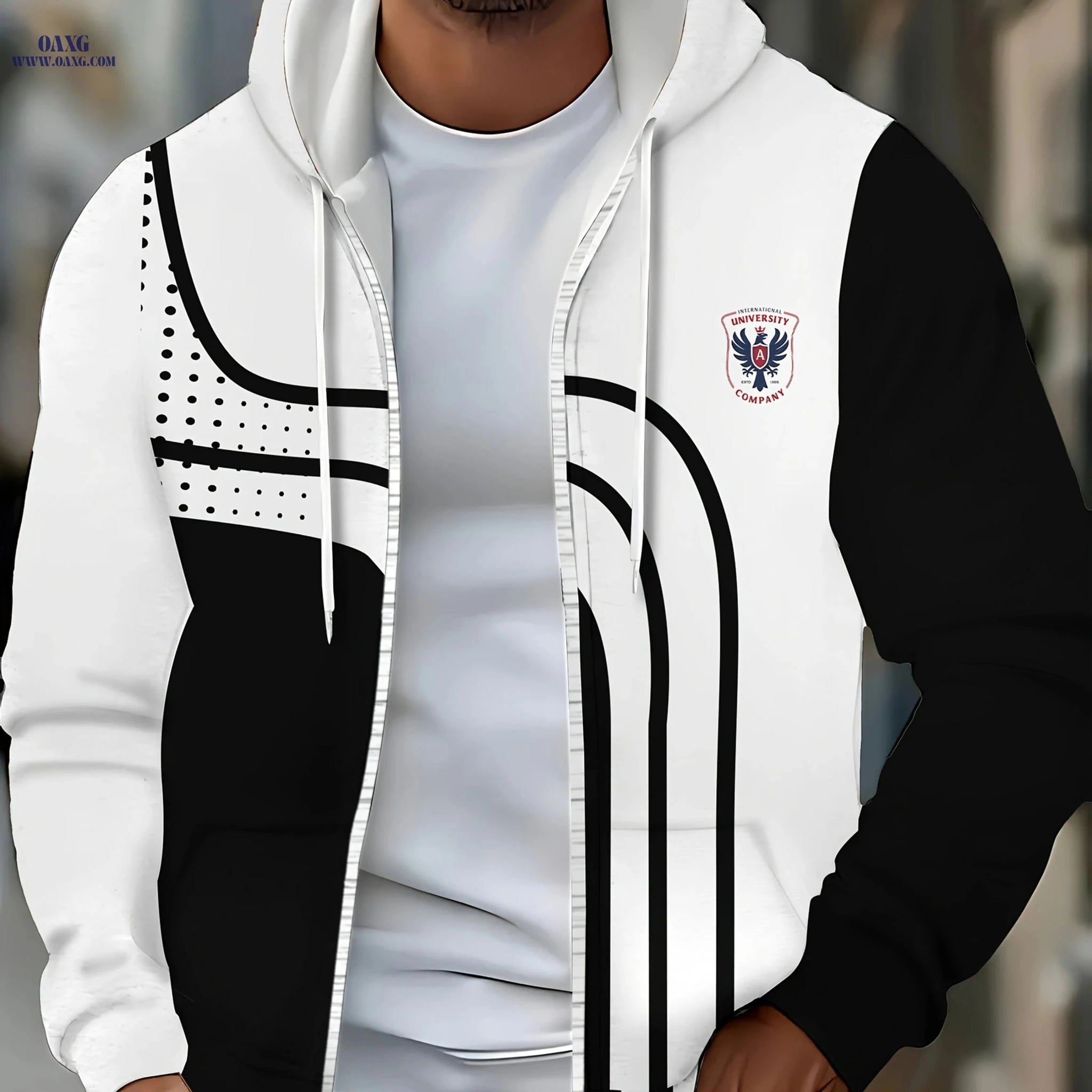 Men's Hooded Polka Dot Sweatshirt - Zip-Up Casual Jacket for Fall   OAXG White / FR M