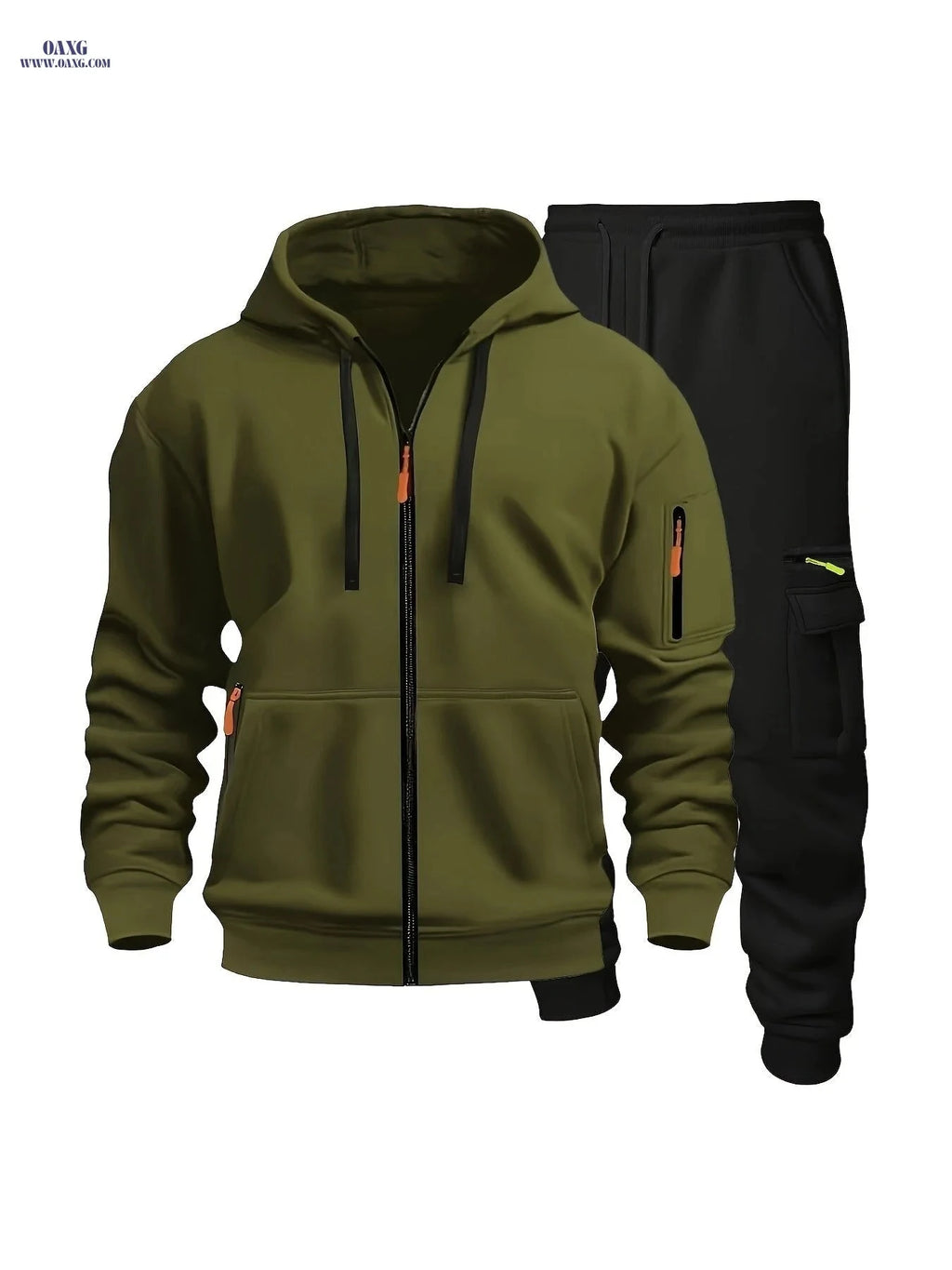 Men's Hooded Sweatshirt & Cargo Pants Set - Solid Color & Zipper Pocket   OAXG 
