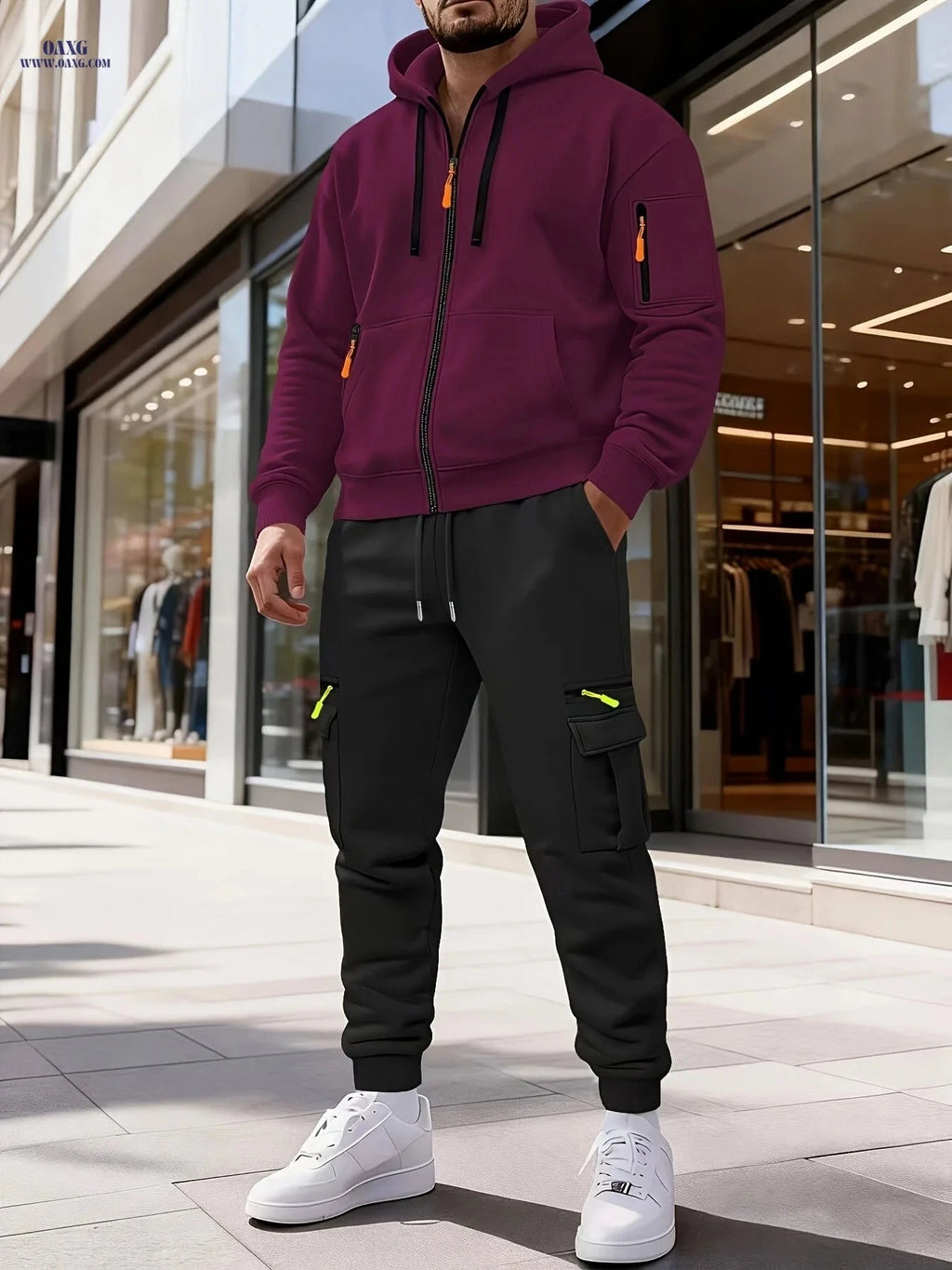 Men's Hooded Sweatshirt & Cargo Pants Set - Solid Color & Zipper Pocket   OAXG 