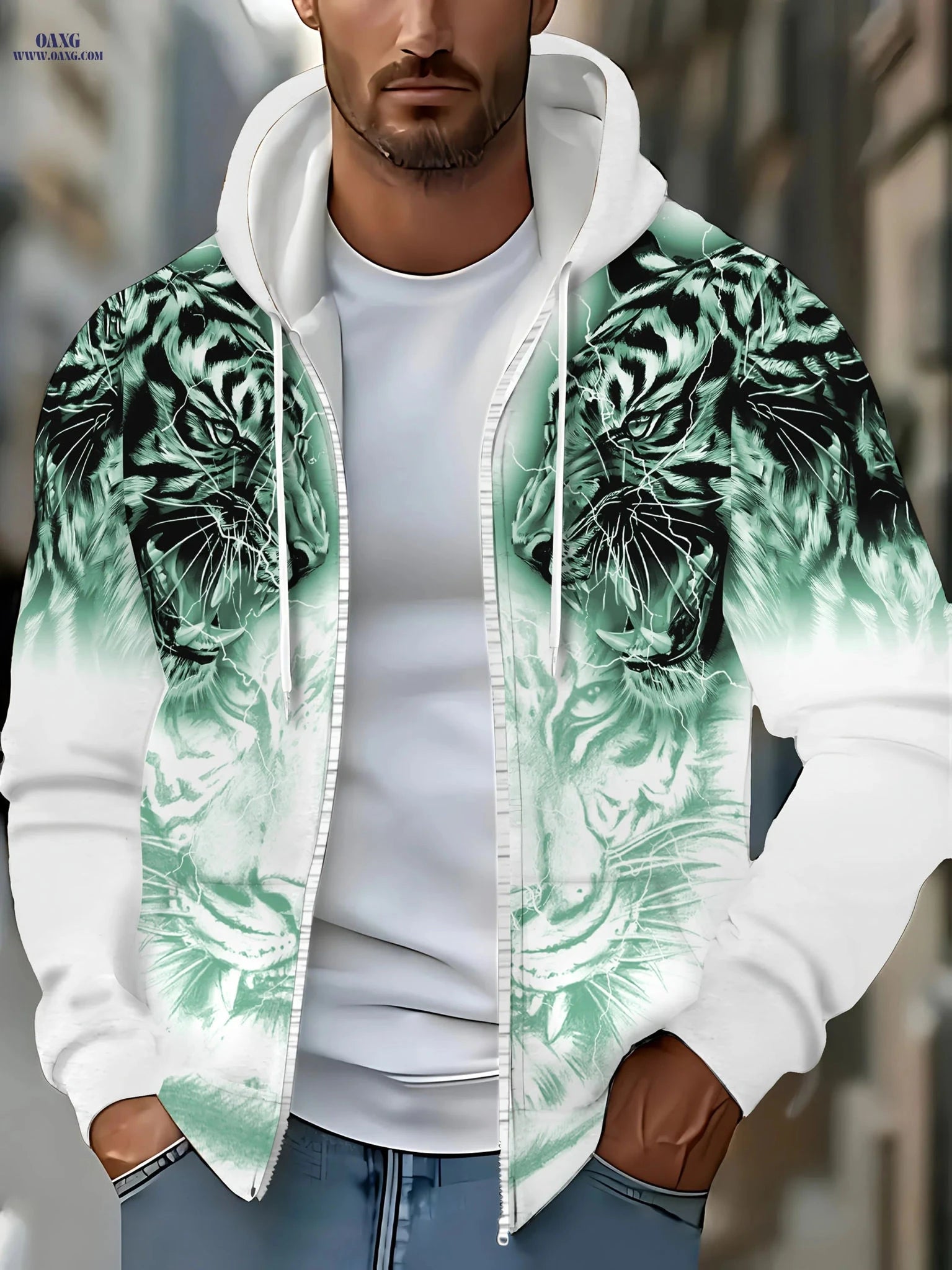 Men's Hooded Tiger Pattern Sweatshirt - Zipper Casual Jacket   OAXG 