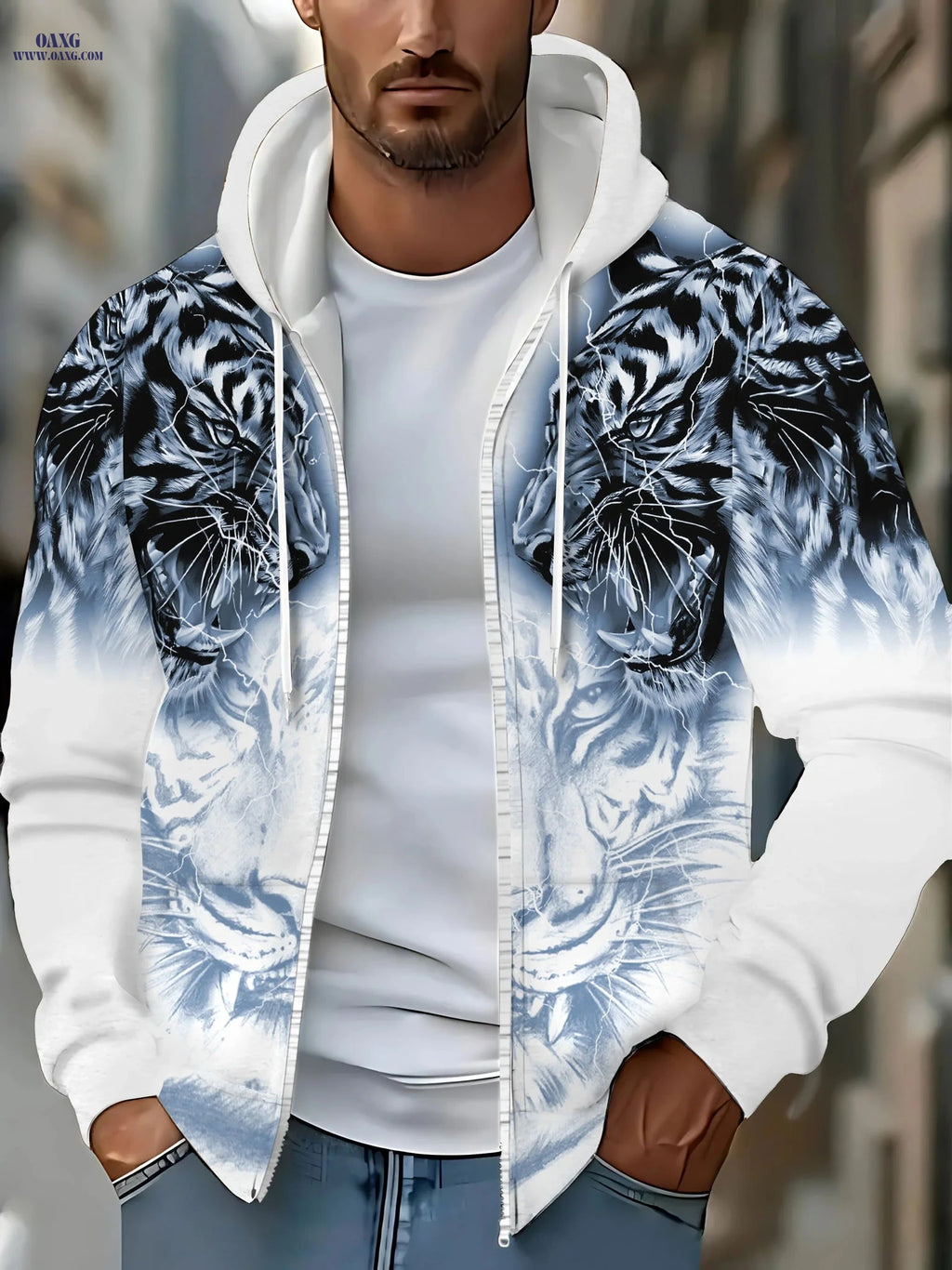 Men's Hooded Tiger Pattern Sweatshirt - Zipper Casual Jacket   OAXG 