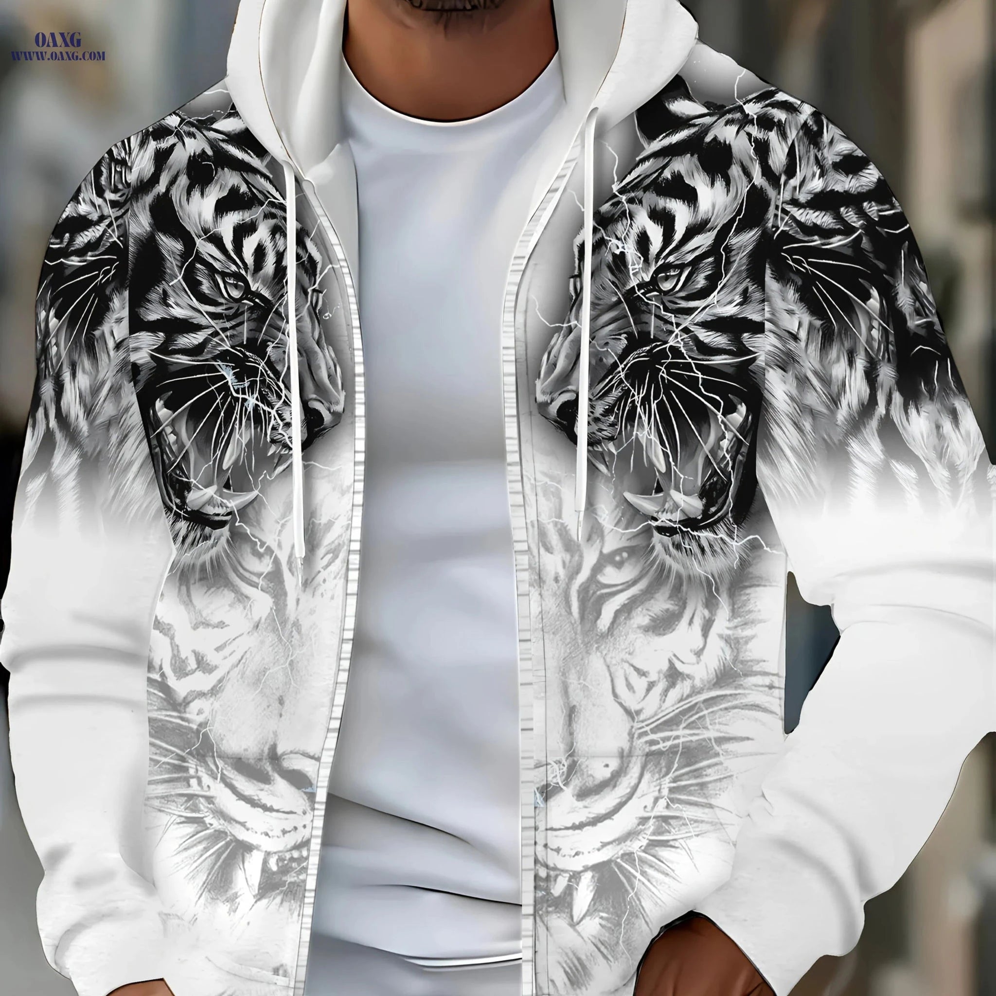 Men's Hooded Tiger Pattern Sweatshirt - Zipper Casual Jacket   OAXG 