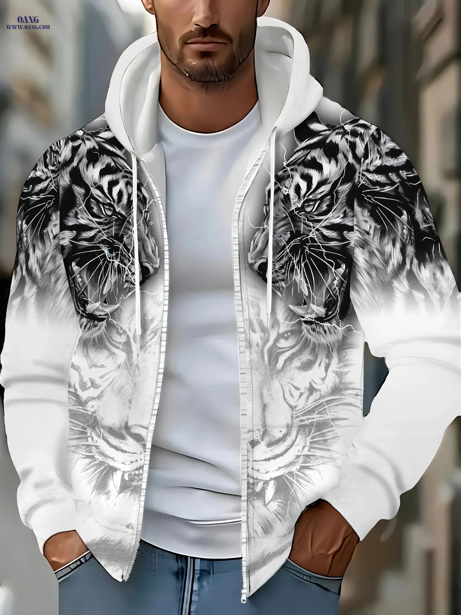 Men's Hooded Tiger Pattern Sweatshirt - Zipper Casual Jacket   OAXG 