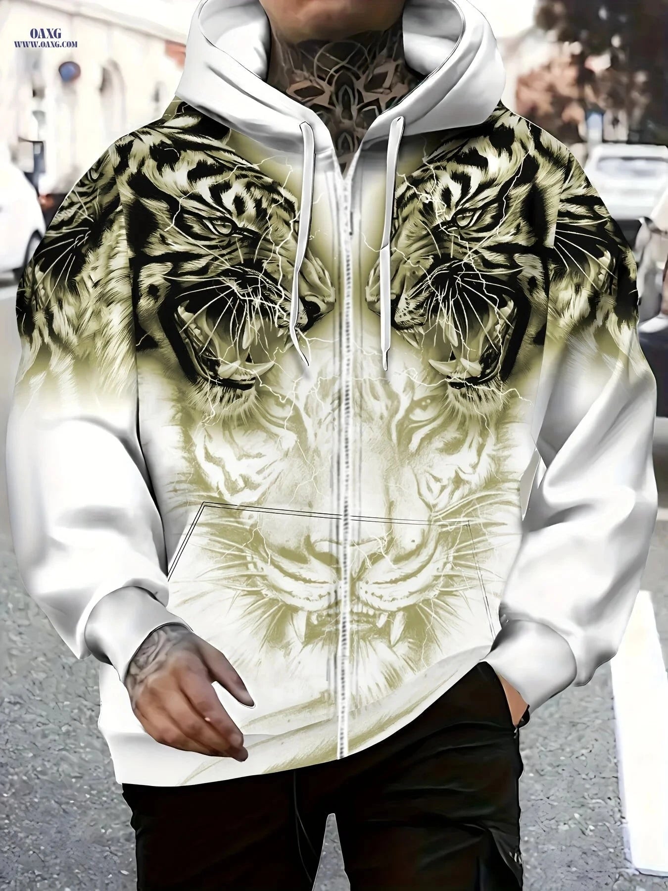 Men's Hooded Tiger Pattern Sweatshirt - Zipper Casual Jacket   OAXG 