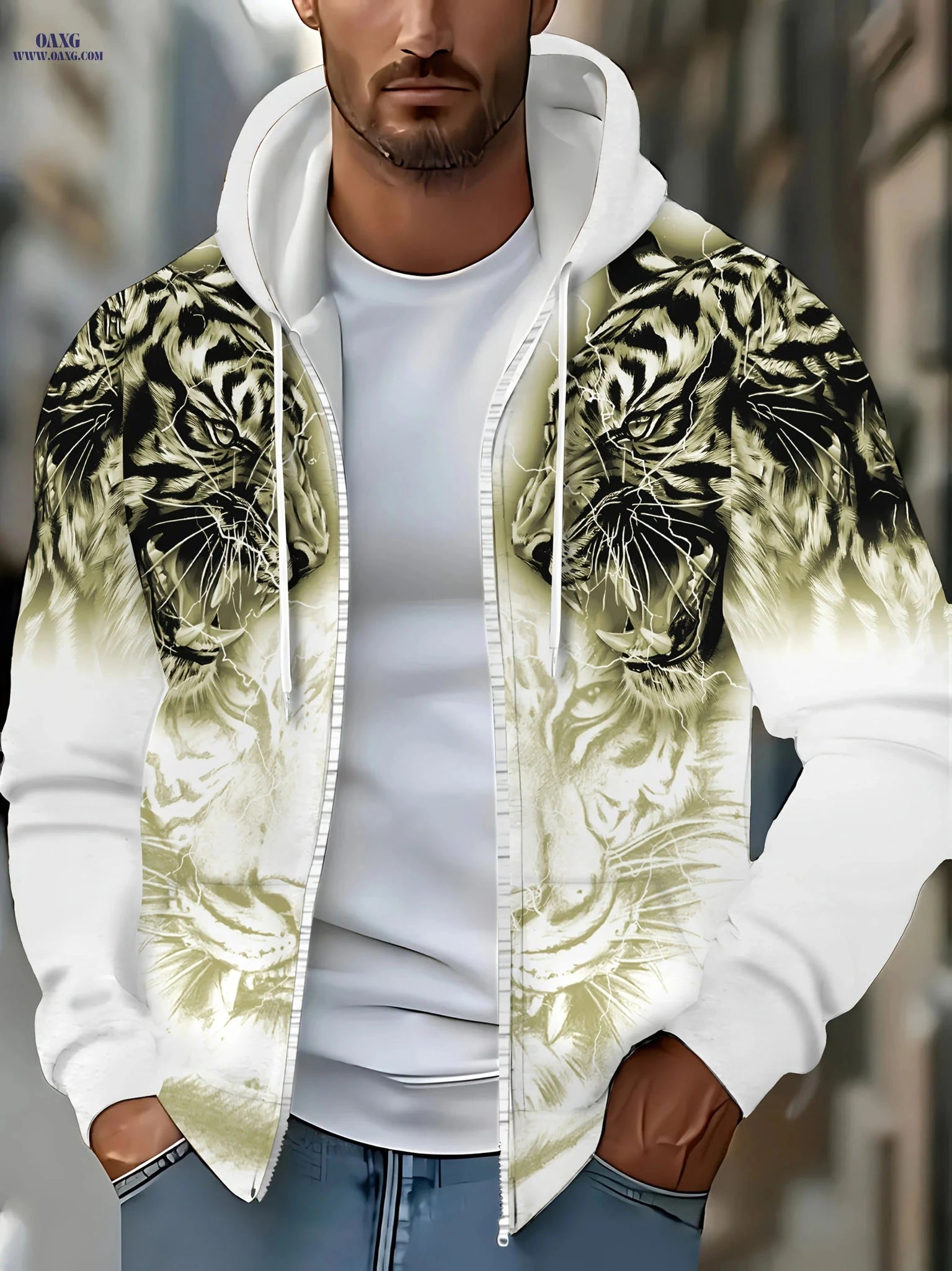 Men's Hooded Tiger Pattern Sweatshirt - Zipper Casual Jacket   OAXG Green / FR M