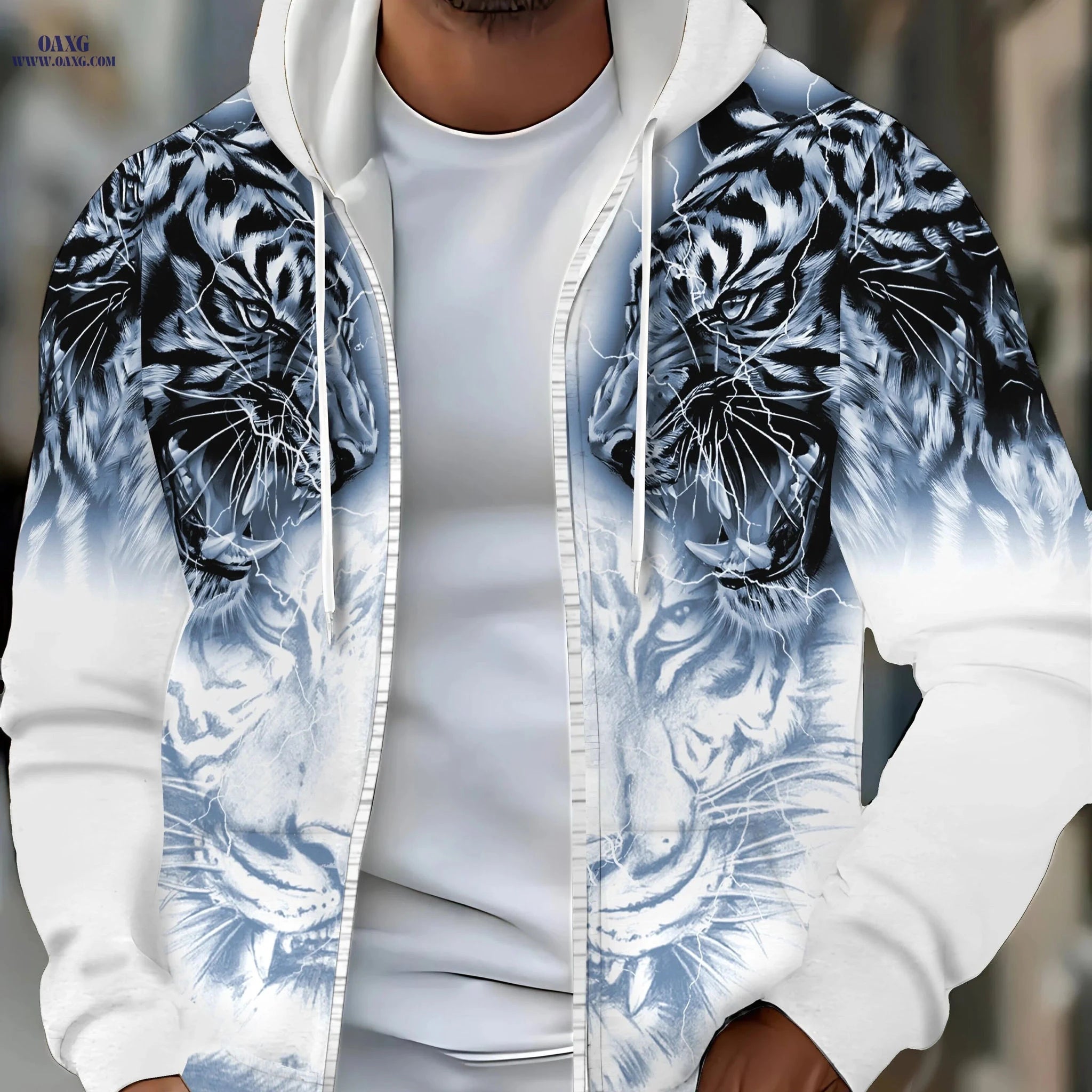 Men's Hooded Tiger Pattern Sweatshirt - Zipper Casual Jacket   OAXG Green / FR M