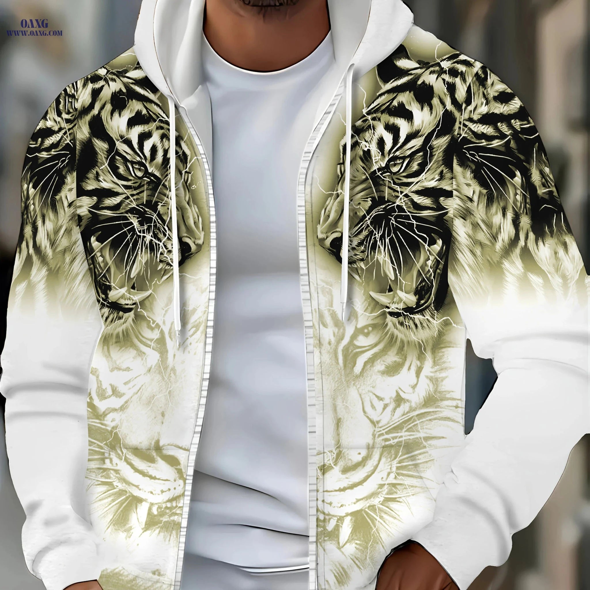 Men's Hooded Tiger Pattern Sweatshirt - Zipper Casual Jacket   OAXG Green / FR M