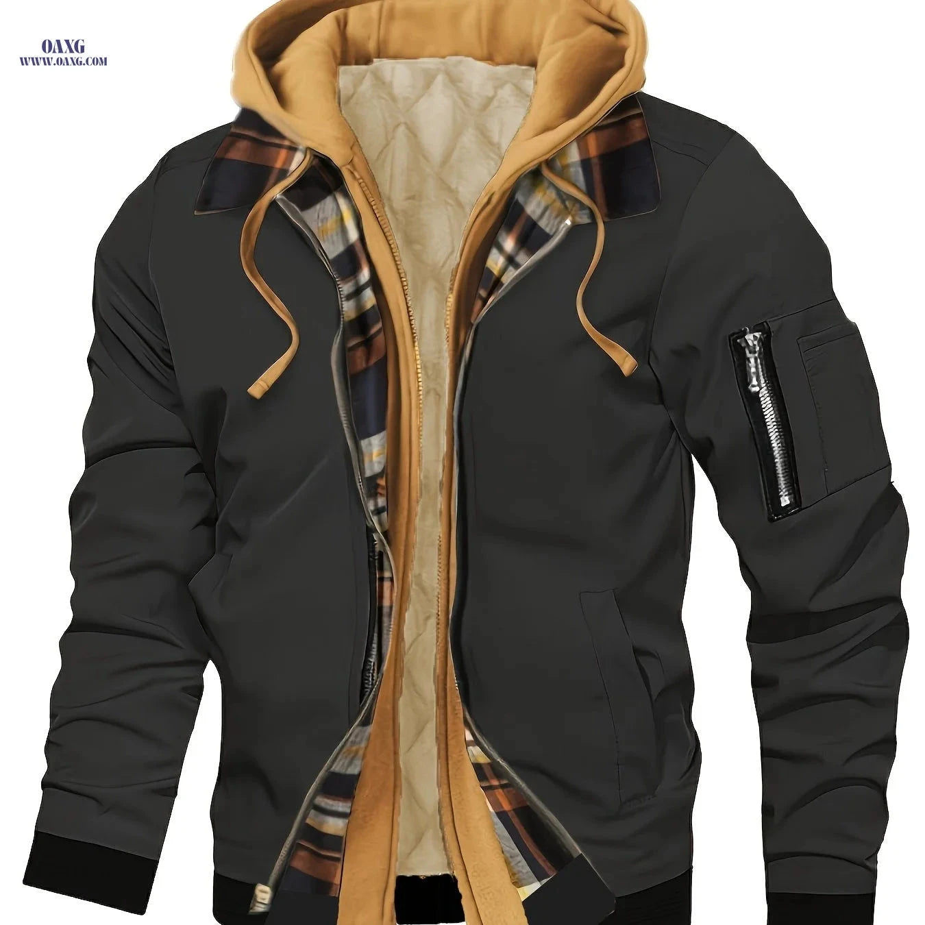 Men's Hooded Winter Jacket - Lined, Zipper Closure, Regular Fit   OAXG 